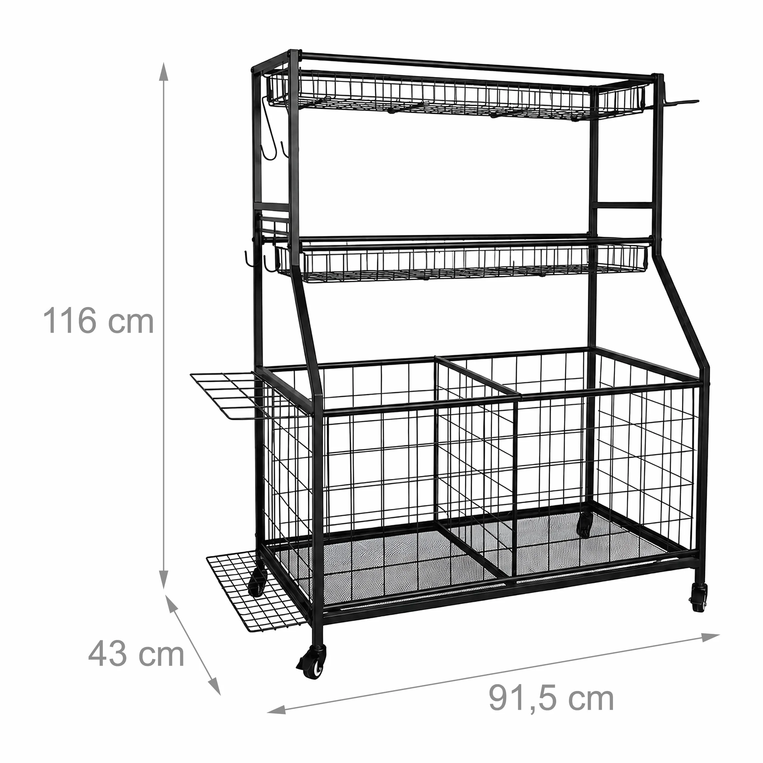 Relaxdays Organizador Deportivo Negro, 4 Ruedas (2 con Freno) | 116 x 91,5 x 43 cm, carro para pelotas, metal