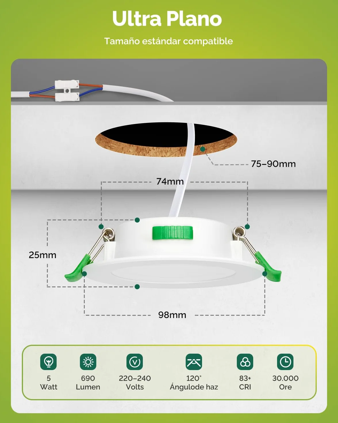 Fondiiz Downlight LED Techo Empotrable 5W 690lm 3000K-6000K IP44 Corte 75mm-90mm 6 Pack