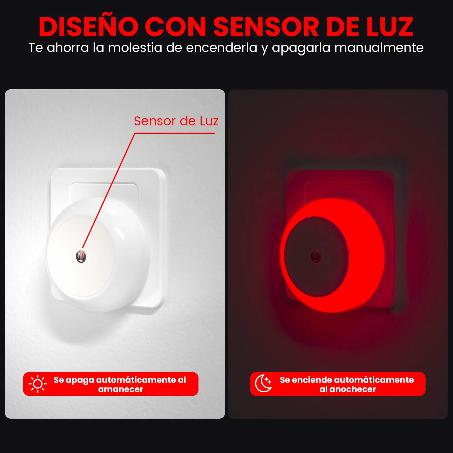 625nm Luz Roja Nocturna Enchufe Bebé con Sensor Crepúsculo Auto On/Off Pack of 2