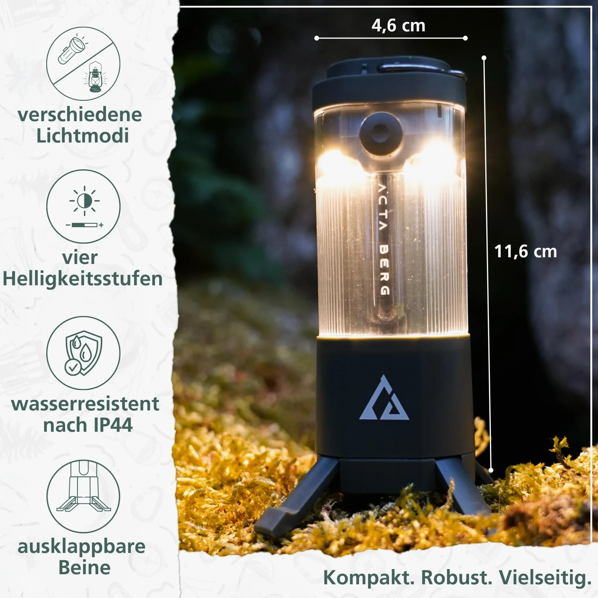 Acta Berg Lámpara LED de camping de 450 lúmenes – recargable con batería y banco de energía (4000 mAh), hasta 150 h de autonomía, IP44 resistente al agua, lámpara de tienda de campaña, linterna y