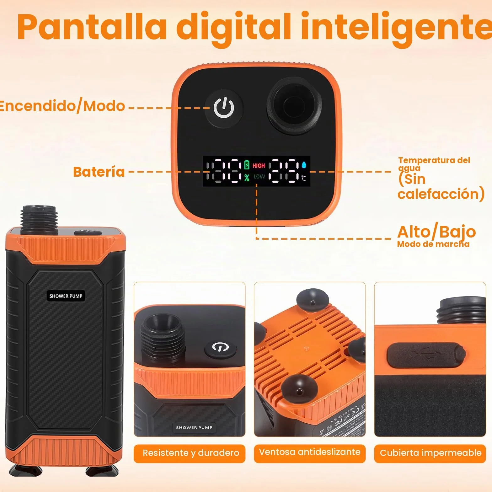 Ducha Portátil de Camping, Bomba Recargable 8000 mAh con Doble Velocidad, IPX8, Pantalla Digital Inteligente - Kit para Exteriores Ideal para Viajes, Lavado de Coches y Baño de Mascotas