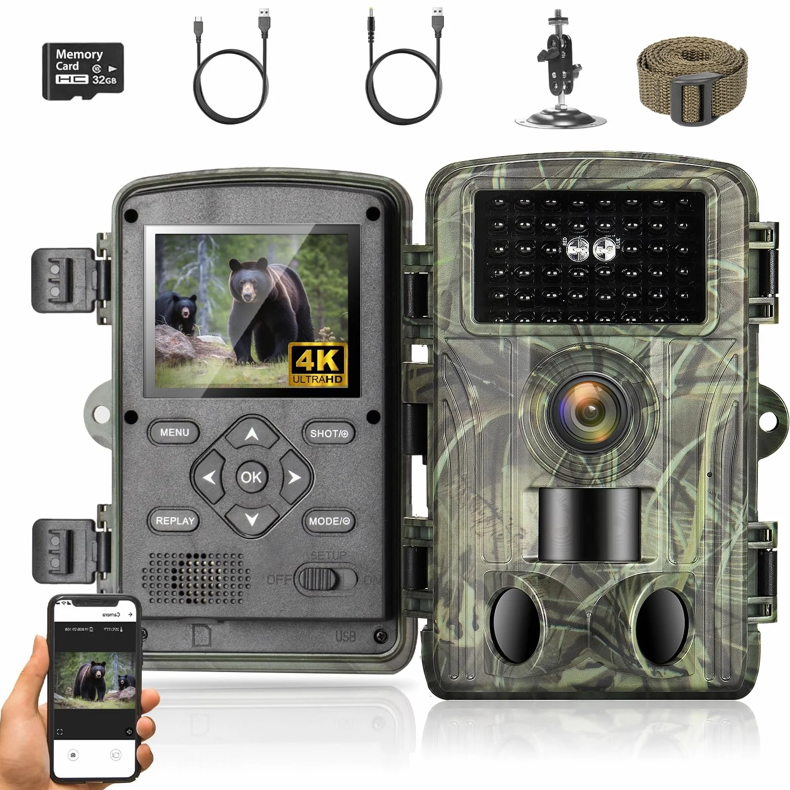 Camara Fototrampeo Caza 4K, WiFi Cámara de Caza con Tarjeta 32G, 120° Cámaras de Caza Vision Nocturna 2,0" LCD IP66 Cámara de Seguridad para Monitoreo de Vida Silvestre y Vigilancia del Hogar
