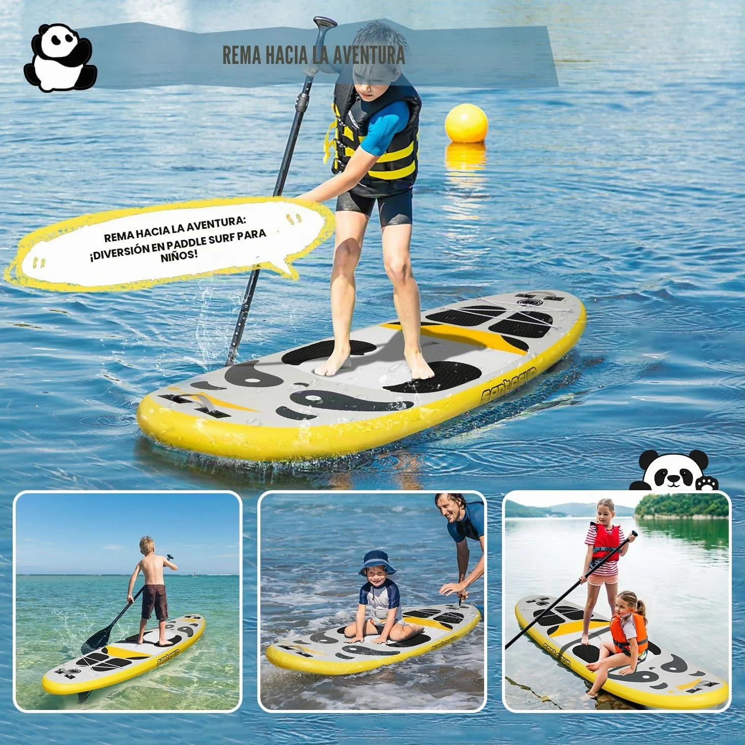 Tabla de Remo Inflable para niños, Panda Azul de 8 pies con Accesorios de Tabla de Remo para niños, Tabla de Remo Duradera, diseño Estable, Amplia Cubierta Antideslizante, Bomba de Mano para