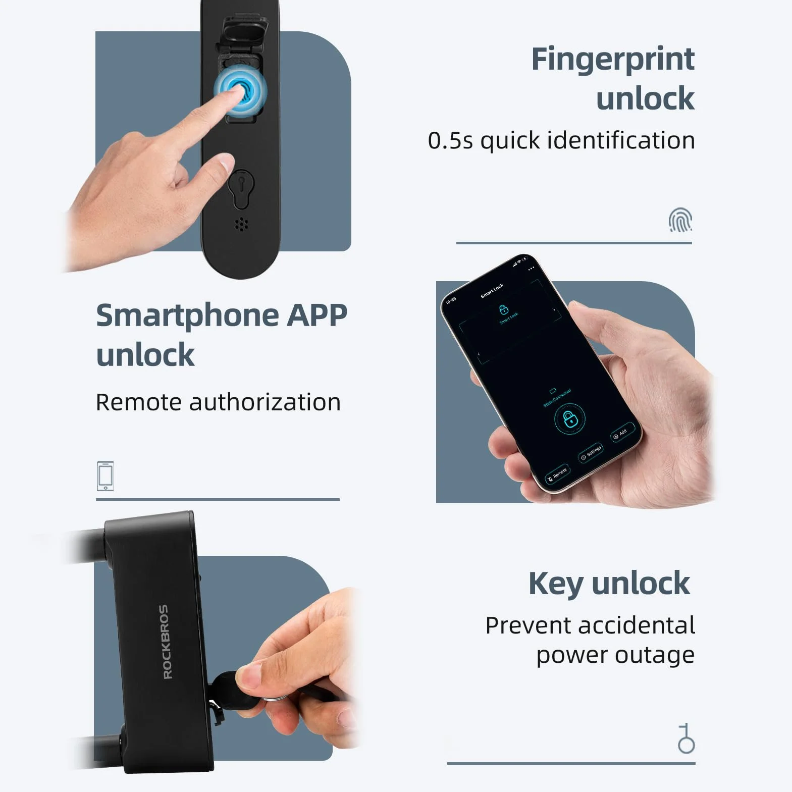 ROCKBROS Candado en U Alta Seguridad con Huella Dactilar Aplicación Bluetooth, Bloqueo Inteligente Electrónico Antirrobo para Bicicleta Motocicleta Scooter Puerta