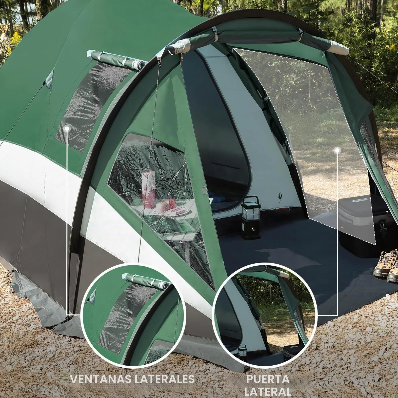 Portal Tienda de campaña para 4 personas, 180 cm, altura de pie, alta, camping, XXL, puerta lateral, ventana, 3-4 temporadas, 3000 mm, resistente al agua, exteriores