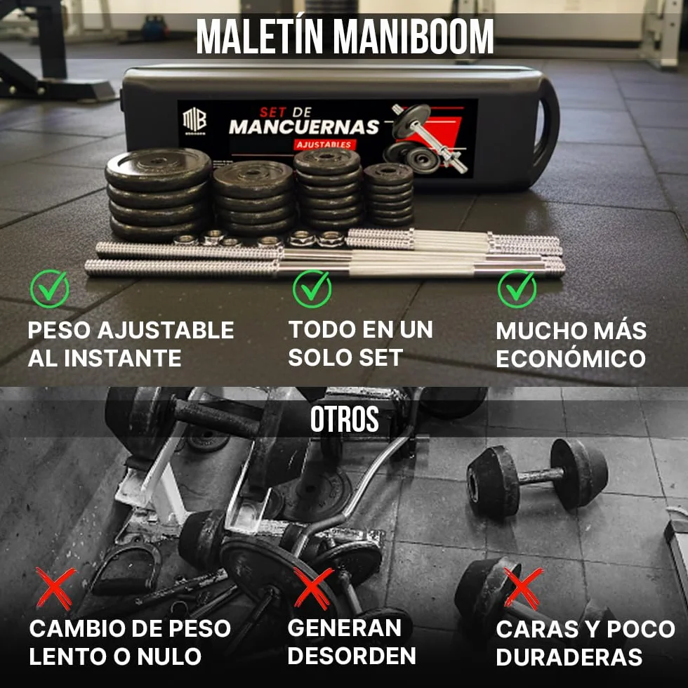 ManiBoom Mancuernas Ajustables HIERRO PURO (No Plástico) - Kit Pesas 3 en 1 con Barra Extensora - Maletín Rígido de Musculación y Fitness en Casa - Discos Macizos y Seguros (15kg - 55kg)