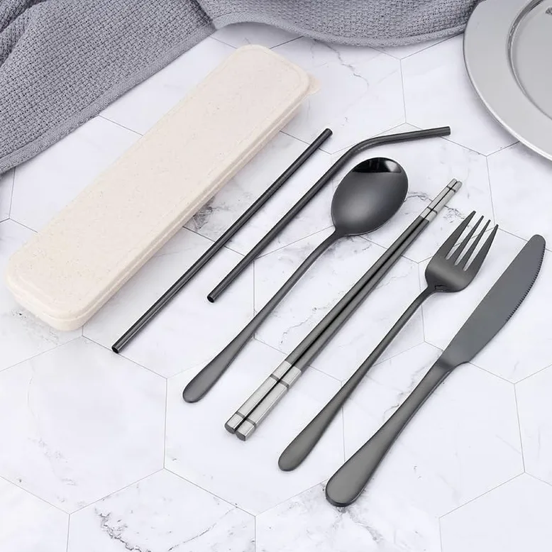 Juego De Cubiertos De Plata, 6/24/36/48/60/72 Piezas, De Acero Inoxidable 304, Portátil, con Pajita, Ideal para Viajes, Camping, Estudiantes, Cuchillo, Tenedor,Black-48 Pieces for 8