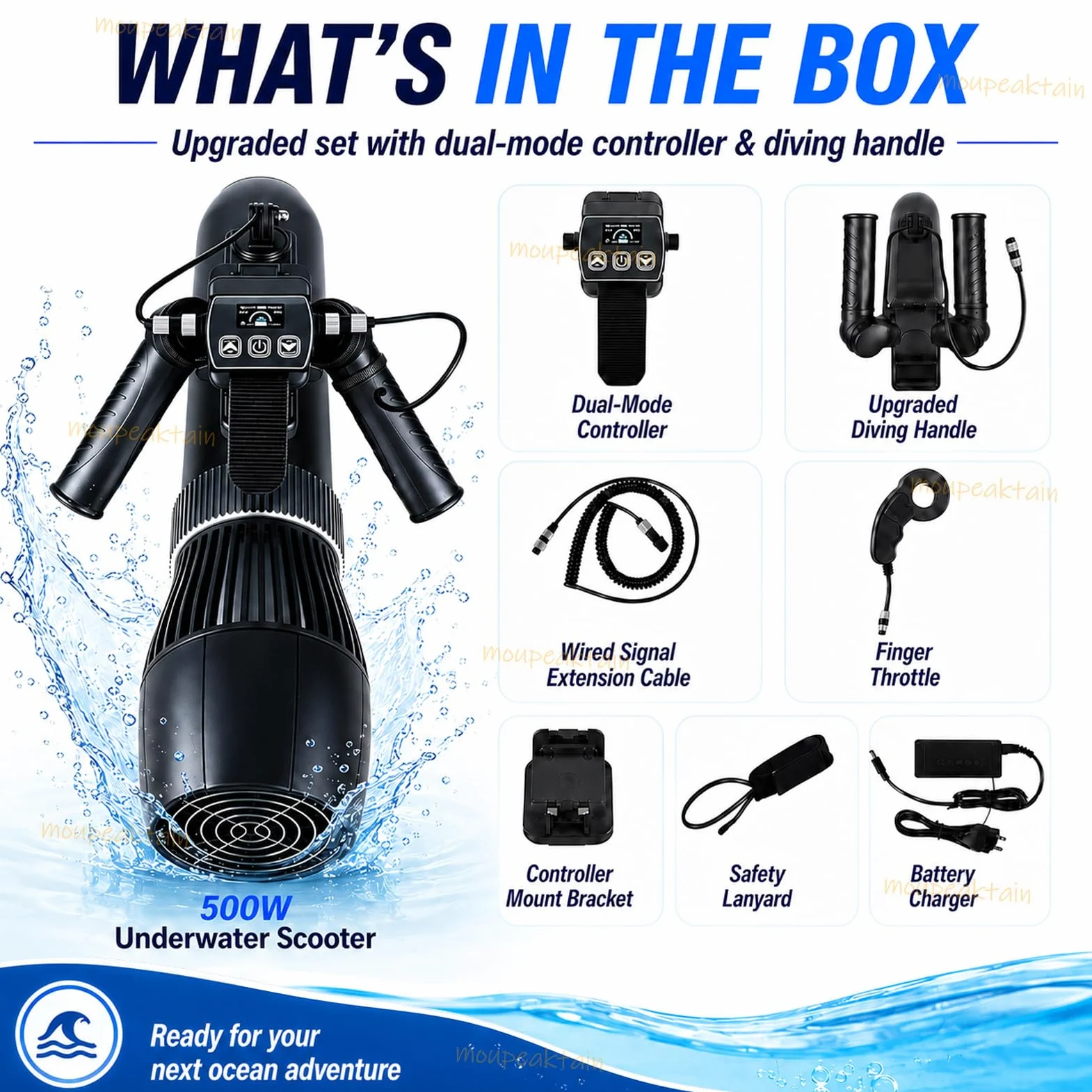 Scooter Submarino, Motor De 500 W, 9 Velocidades, Impermeable Ipx8 | Muestra Velocidad Y Baterías Del Scooter Y Mando, 3-9 Km/H, Control Dual, Para Agua Dulce O Salada