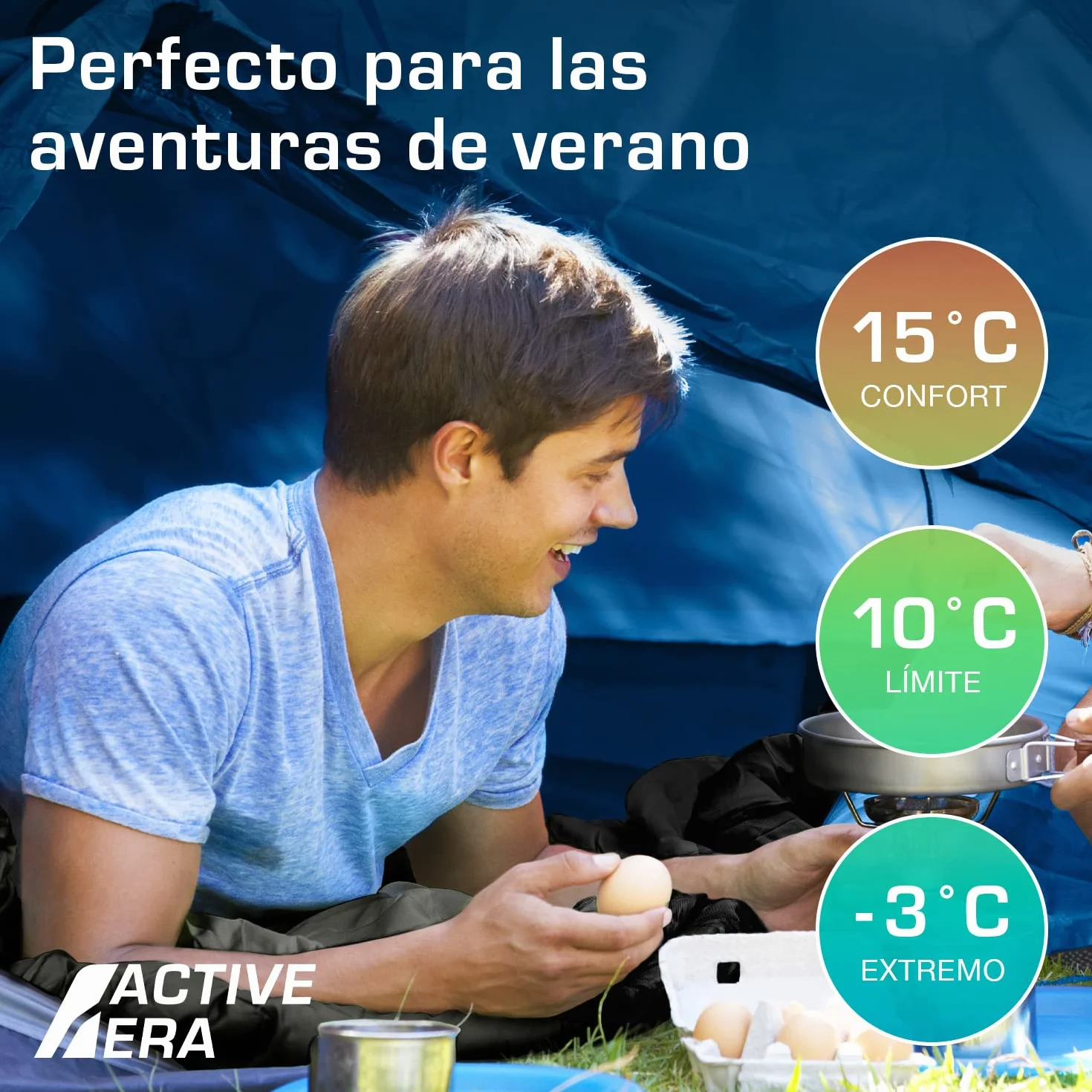 Active Era Saco de Dormir Ligero, 950 g, cálido, Transpirable para Adultos y niños. 10°C a 15°C, Uso Extremo -3°C. Campismo, Viajar, Senderismo, Interior y Exterior - 190 x 75cm
