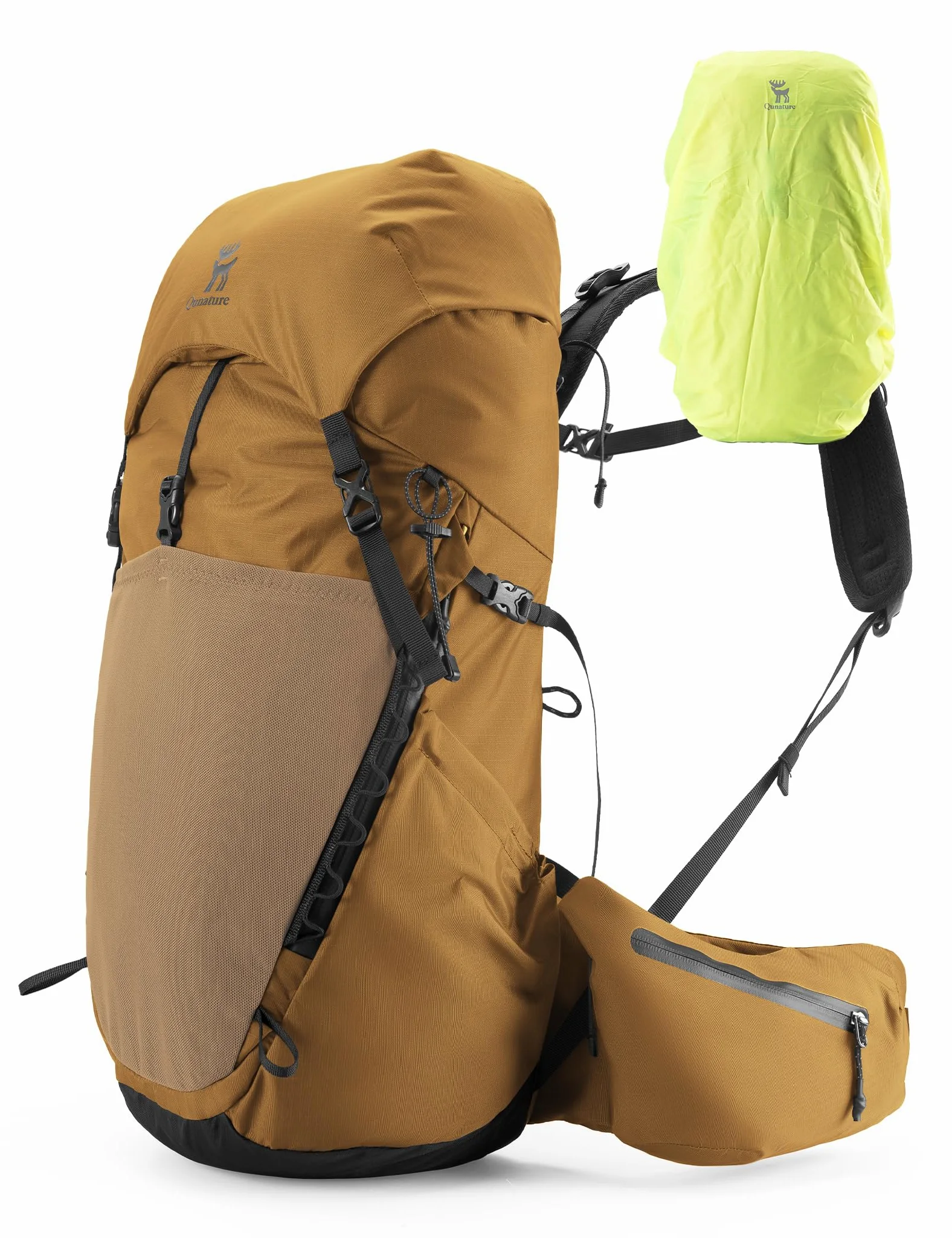 Mochila de Senderismo Impermeable 25L, Mochila de Trekking Ultraligera con Funda para Lluvia, Compartimento Superior Desmontable, Sistema de Espalda Transpirable, Caqui