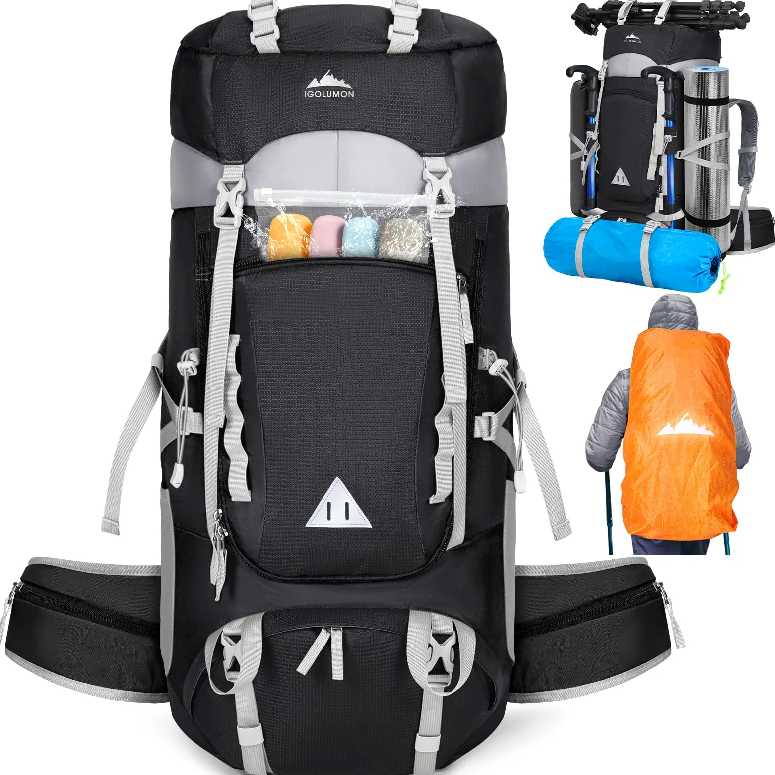 IGOLUMON Mochila de senderismo impermeable de 60 litros con cubierta de lluvia, mochila grande y ligera para hombres y mujeres