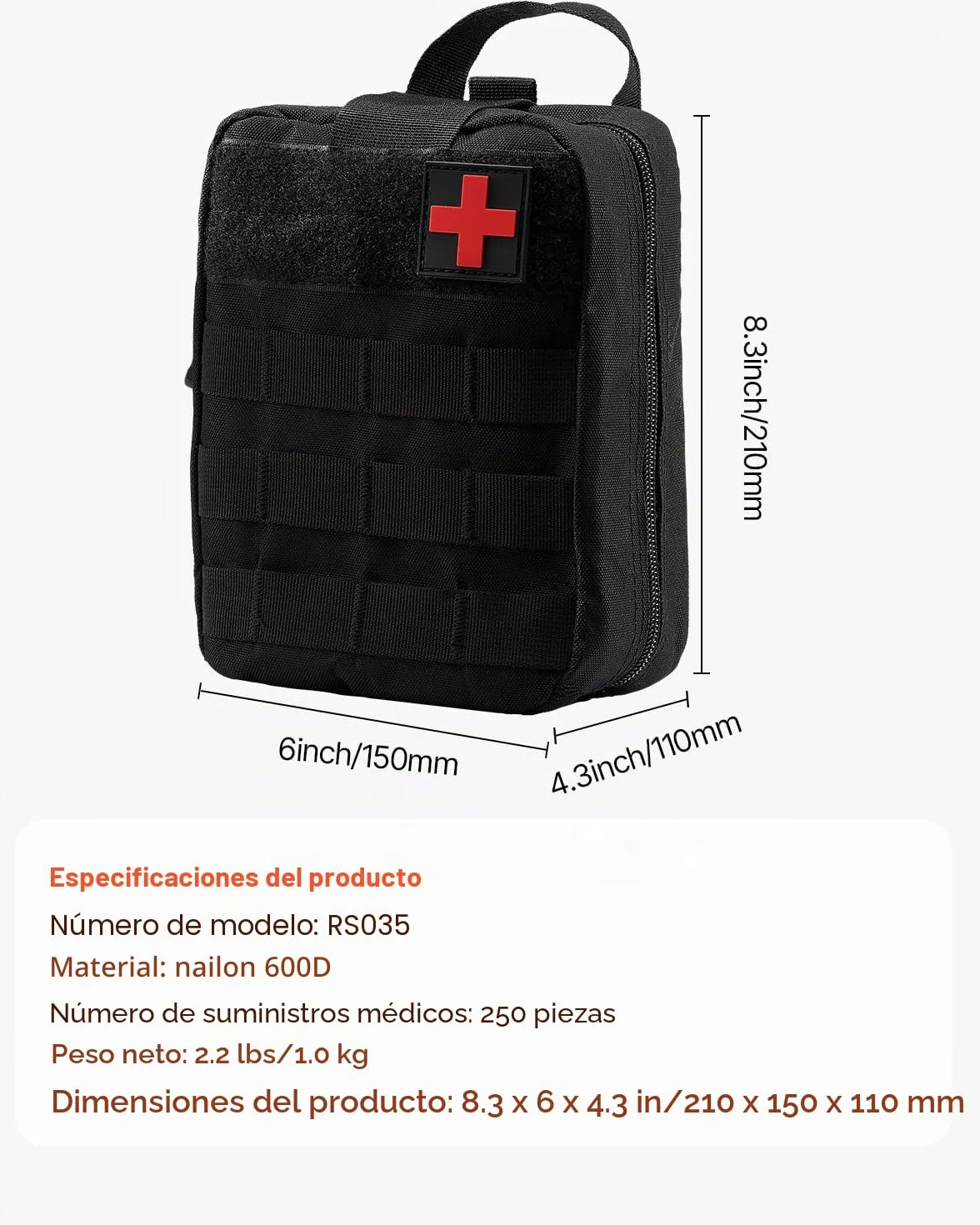 VEVOR Botiquín de Primeros Auxilios, Bolsa de Nailon 600D 210x150x110 mm 250 Piezas para Emergencias
