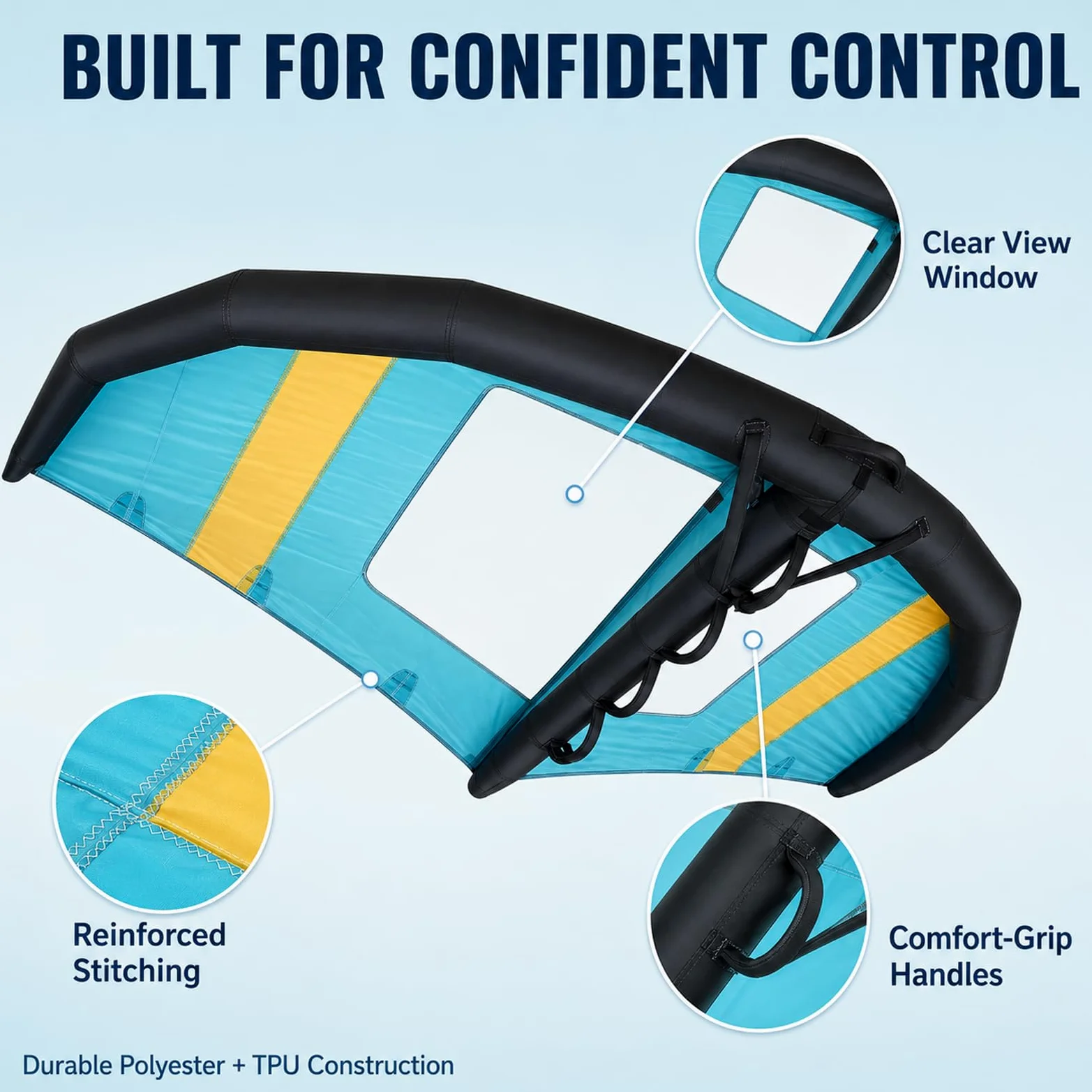 Ala de Surf Hinchable Portátil para Wing Foil y Deportes Acuáticos | Poliéster y TPU, Correa Incluida, Tres Tamaños Disponibles, Montaje Sencillo y Transporte Compacto