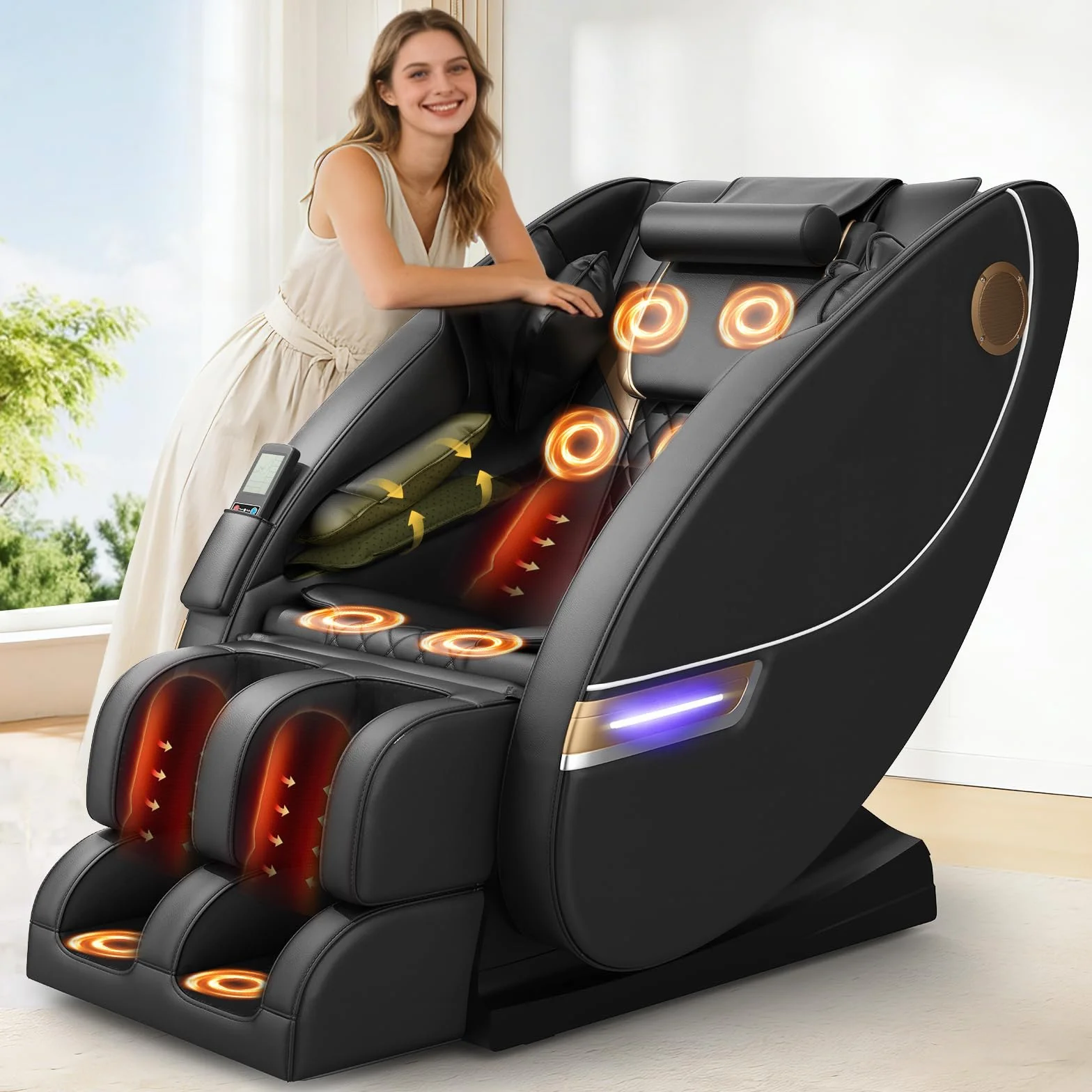 Sillón de Masaje de Cuerpo Completo Eléctrico, 14 Puntos de Masaje, 8 Airbags, Calefacción Lumbar y Piernas, Masaje Rodillos Pies, Altavoz Bluetooth
