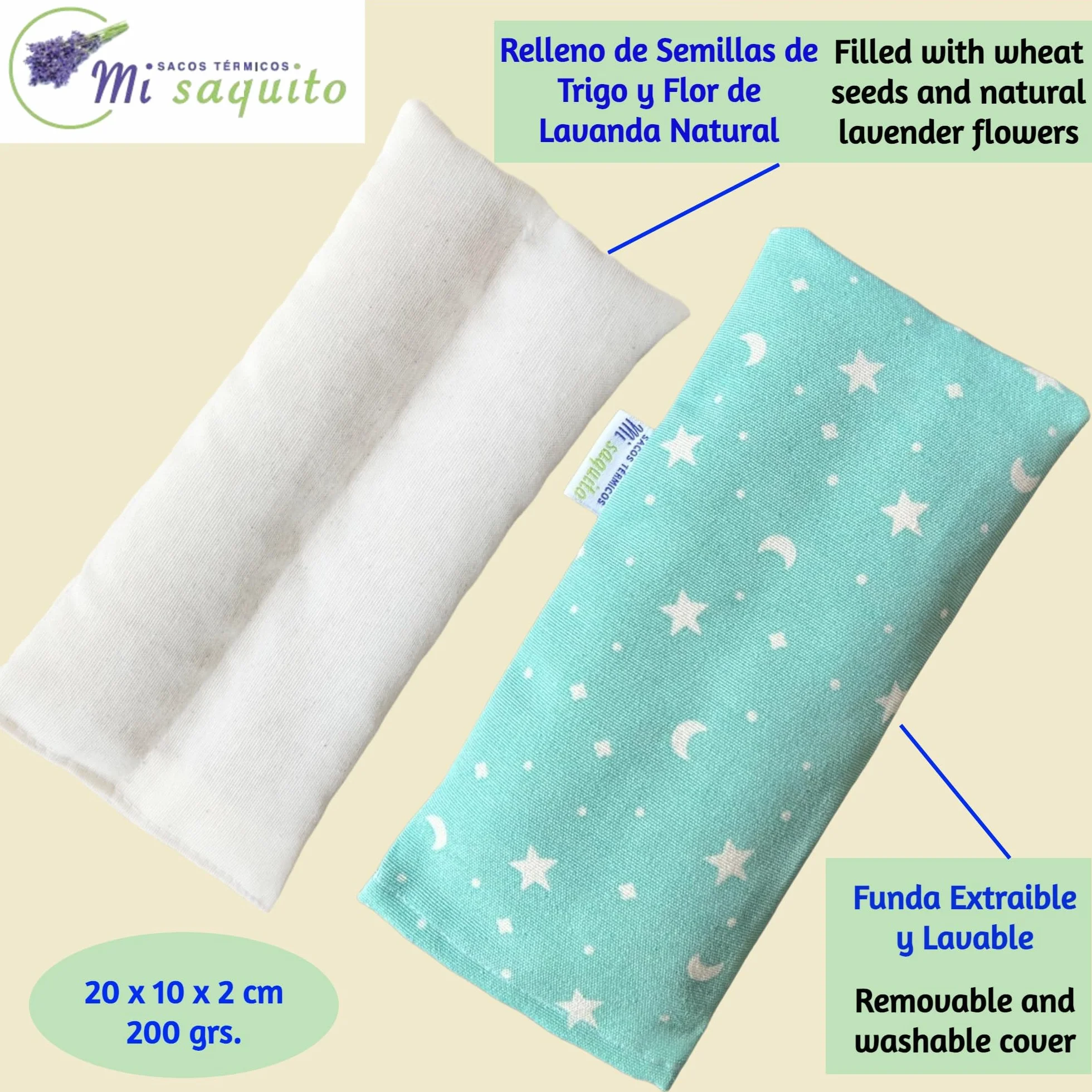 Saco Térmico de Semillas para Bebé 20x10 cm Funda Lavable Saquito Anticolicos Microondas Bolsa Térmica Semillas Trigo Lavanda Recién Nacido Alivio Cólicos