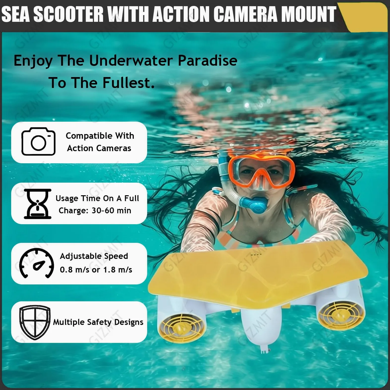 Scooter Submarino, propulsor acuático de Doble Motor con Soporte para cámara de acción, 2 Modos de Velocidad y batería extraíble; Ideal para Buceo y natación en Piscina. Black