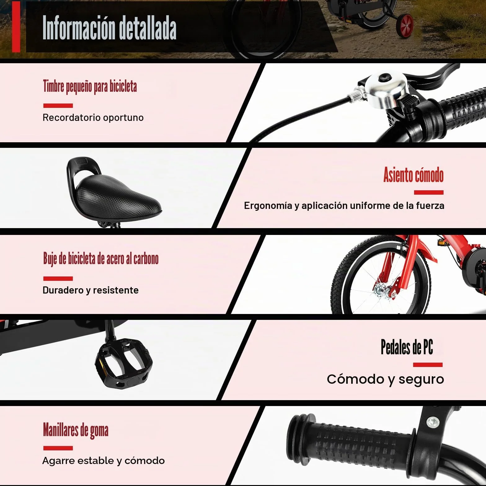 Bicicleta infantil 14 pulgadas ruedas estabilizadoras roja para niños niñas 3-8 años
