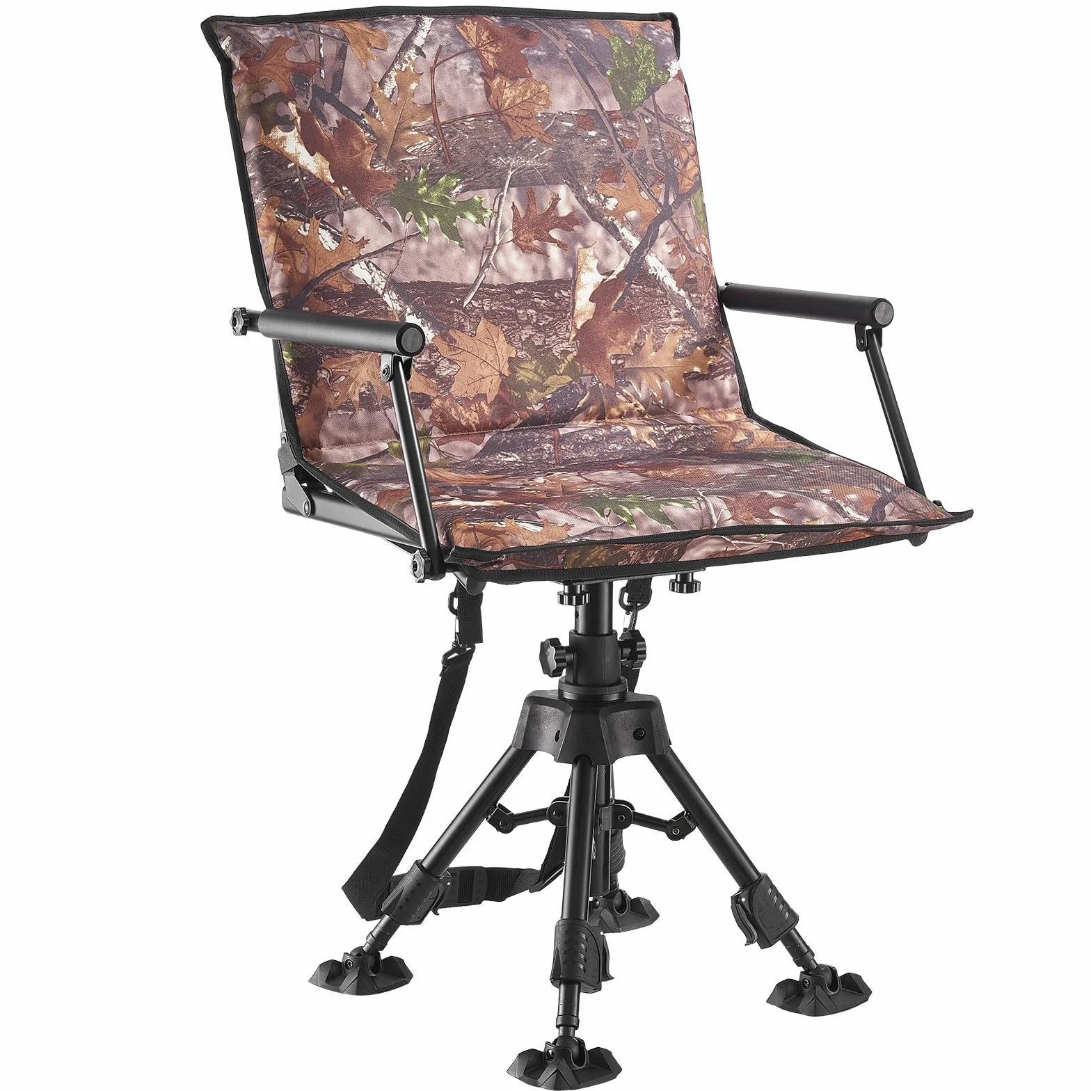 VEVOR Silla Caza Giratoria Silenciosa 360°, Plegable y Portátil, con Estructura Acero Resistente, Asiento Tipo Taburete, Reposabrazos, Funda, Patas Antihundimiento, Altura Ajustable, Carga 158 kg
