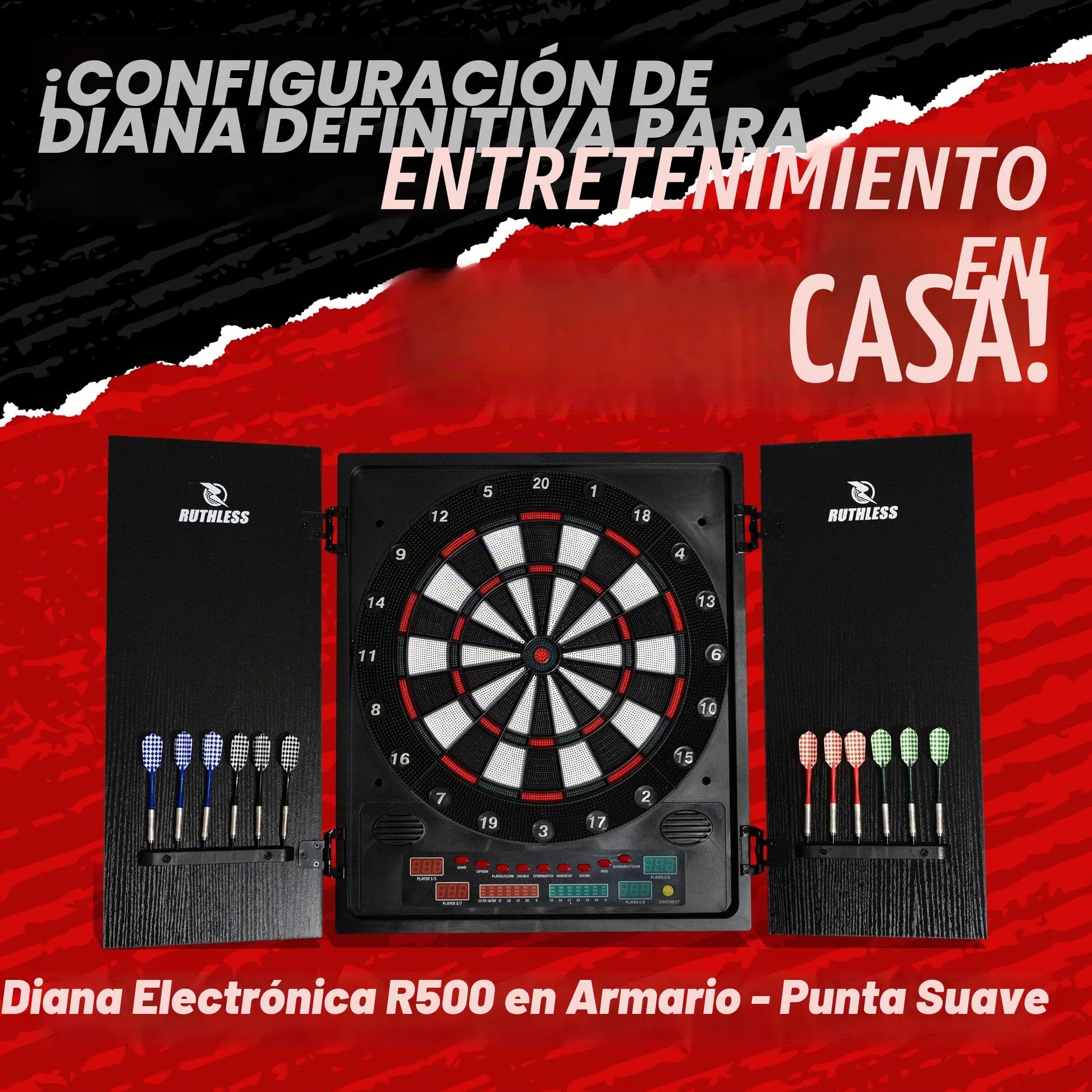 Ruthless - Tablero de dardos electrónico Ruthless R500 en gabinete - Punta blanda - incluye 4 juegos de dardos - para 8 jugadores - 27 juegos