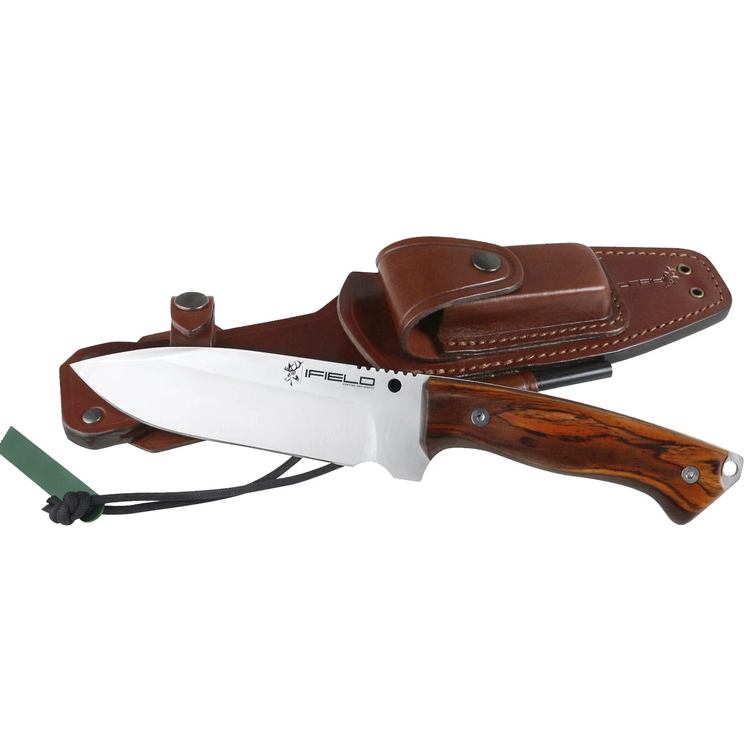 iFIELD Cuchillo de caza deportivo Workout EL29104, hoja de 15 cm MOVA satinado, funda de piel marrón con pedernal y piedra de afilar, herramienta de camping para pesca, caza, actividad deportiva
