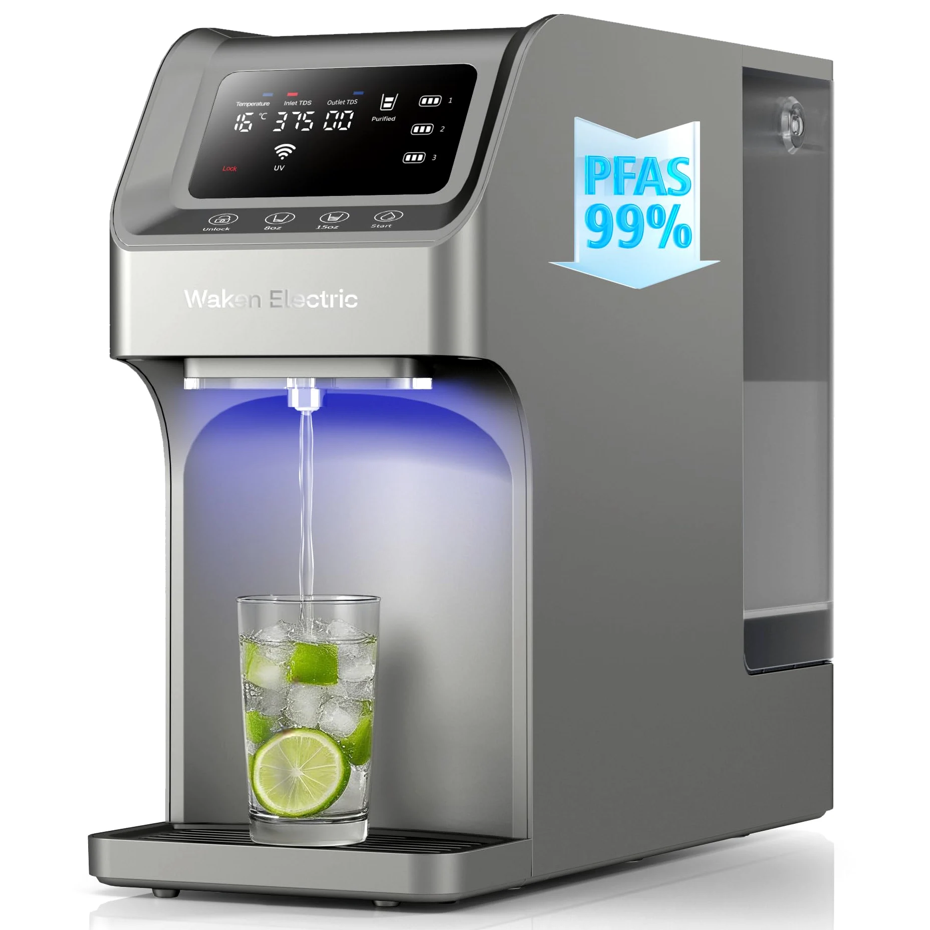 Waken - Filtro de agua de ósmosis inversa eléctrico, sistema de filtración de agua UV, visualización TDS en tiempo real, sin BPA, PFAS, plomo y reducción TDS (azul zafiro) (gris platino)