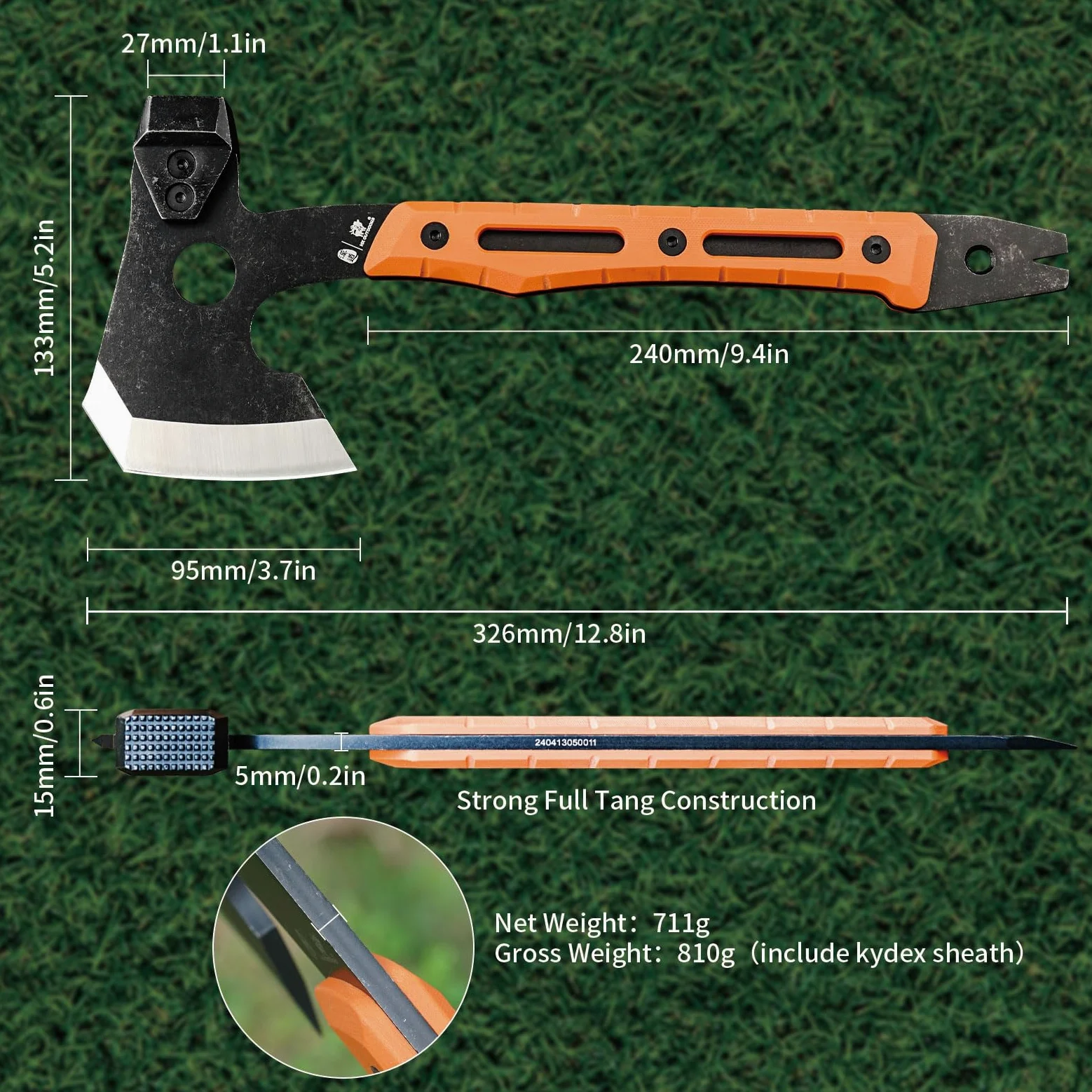 HX OUTDOORS Hacha de Partido Multifuncional, Hacha Táctica de Supervivencia y Campismo de Tanga Completa，Hachas de Mano para Campismo y Bushcraft con Martillo y Sacacorchos (Naranja)