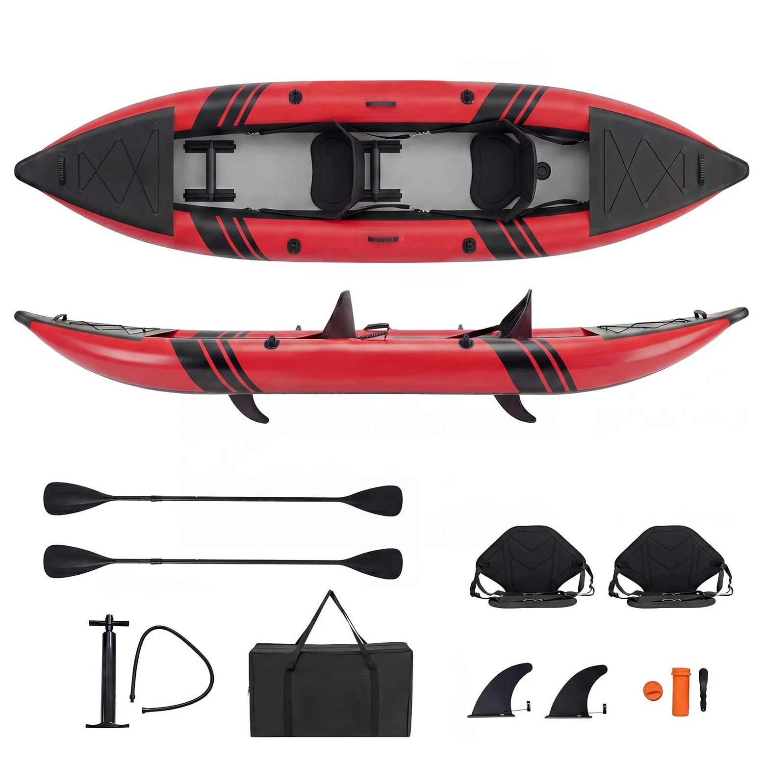 GYMAX Kayak Inflable, Kayak tándem de 12.5 pies y 230 kg con 2 paletas de Aluminio, 2 Asientos Acolchados, reposapiés, 2 Aletas, Bomba de Mano, Bolsa de Transporte y Kit de reparación, Kayak de Pesca