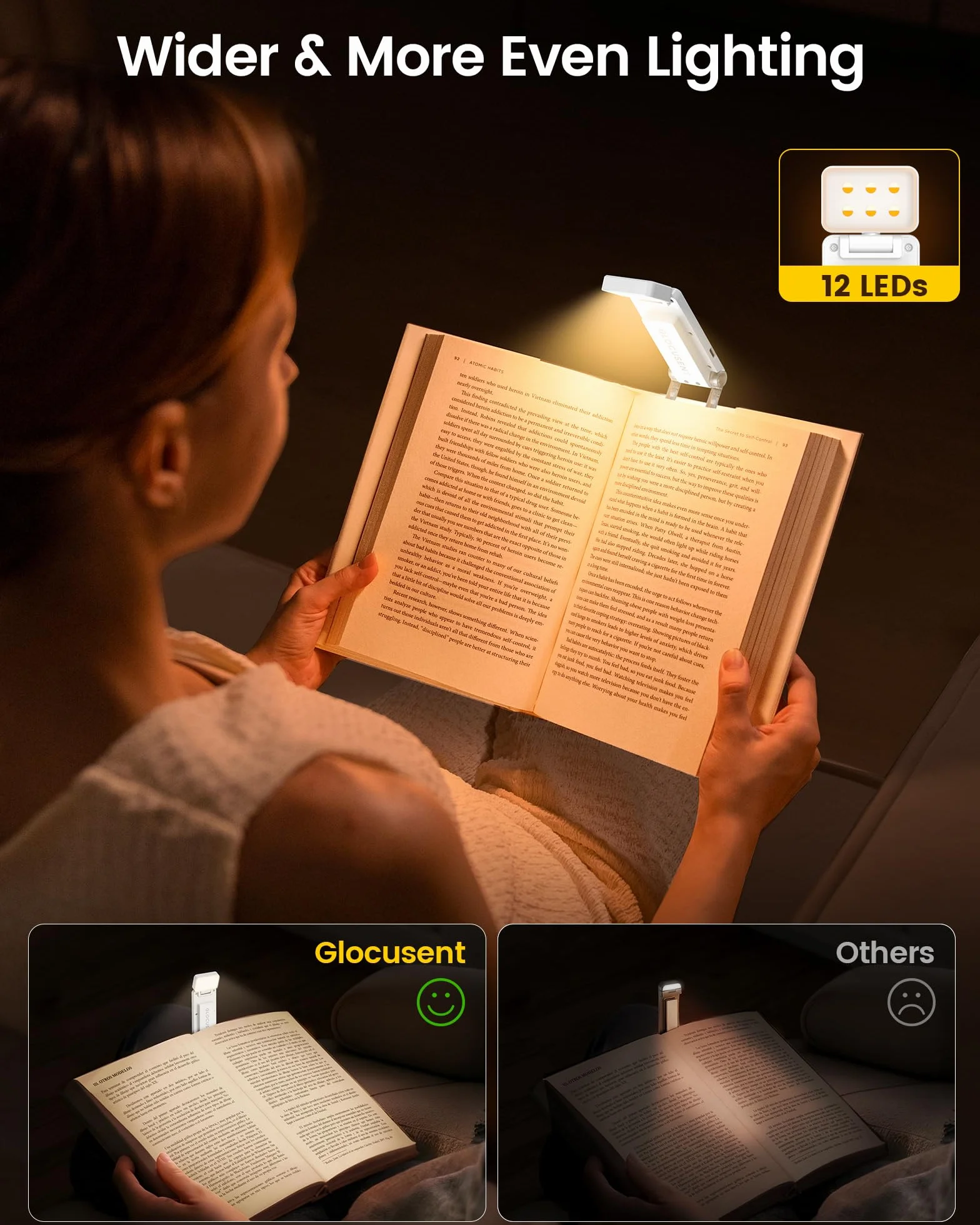 Glocusent Luz de Lectura con 12 LEDs, 5 Colores y 5 Brillos, Recargable, Hasta 100H, Clip para Kindle