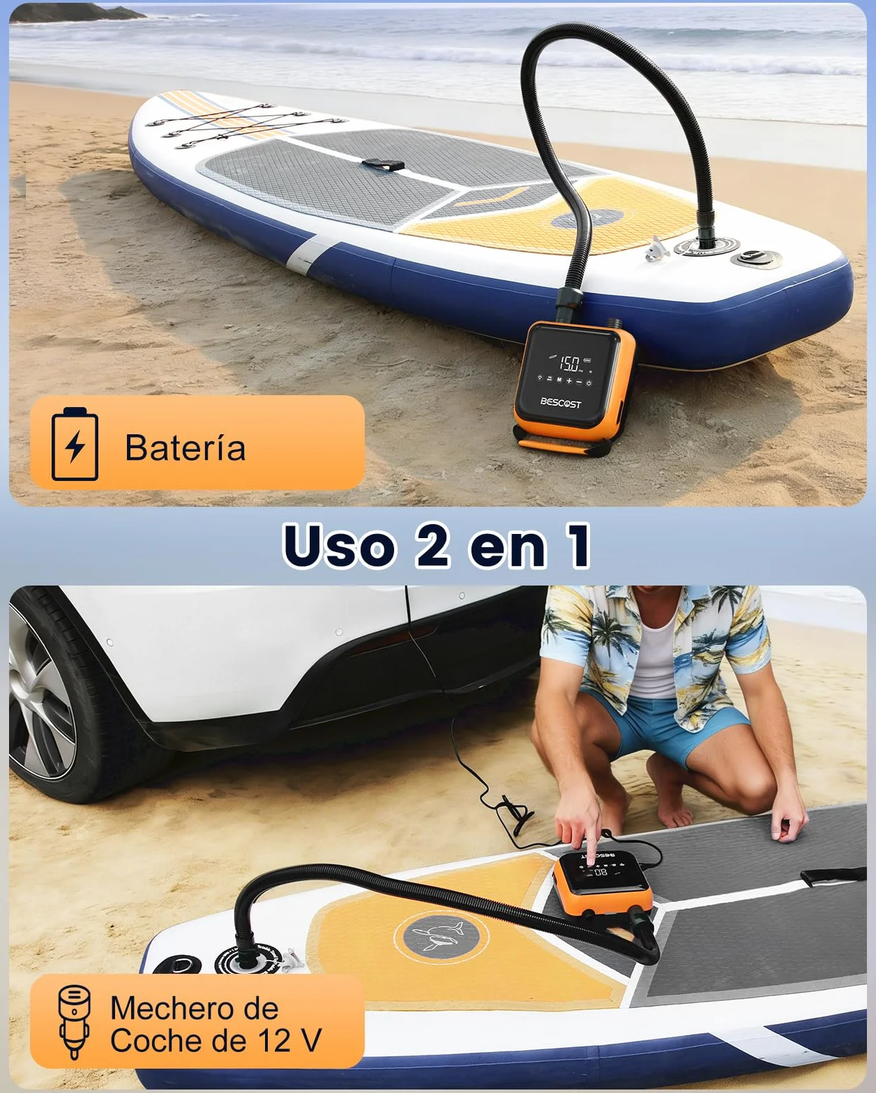 Bomba Eléctrica Inflador Paddle Surf Recargable 20PSI Inflado Desinflado Inteligente
