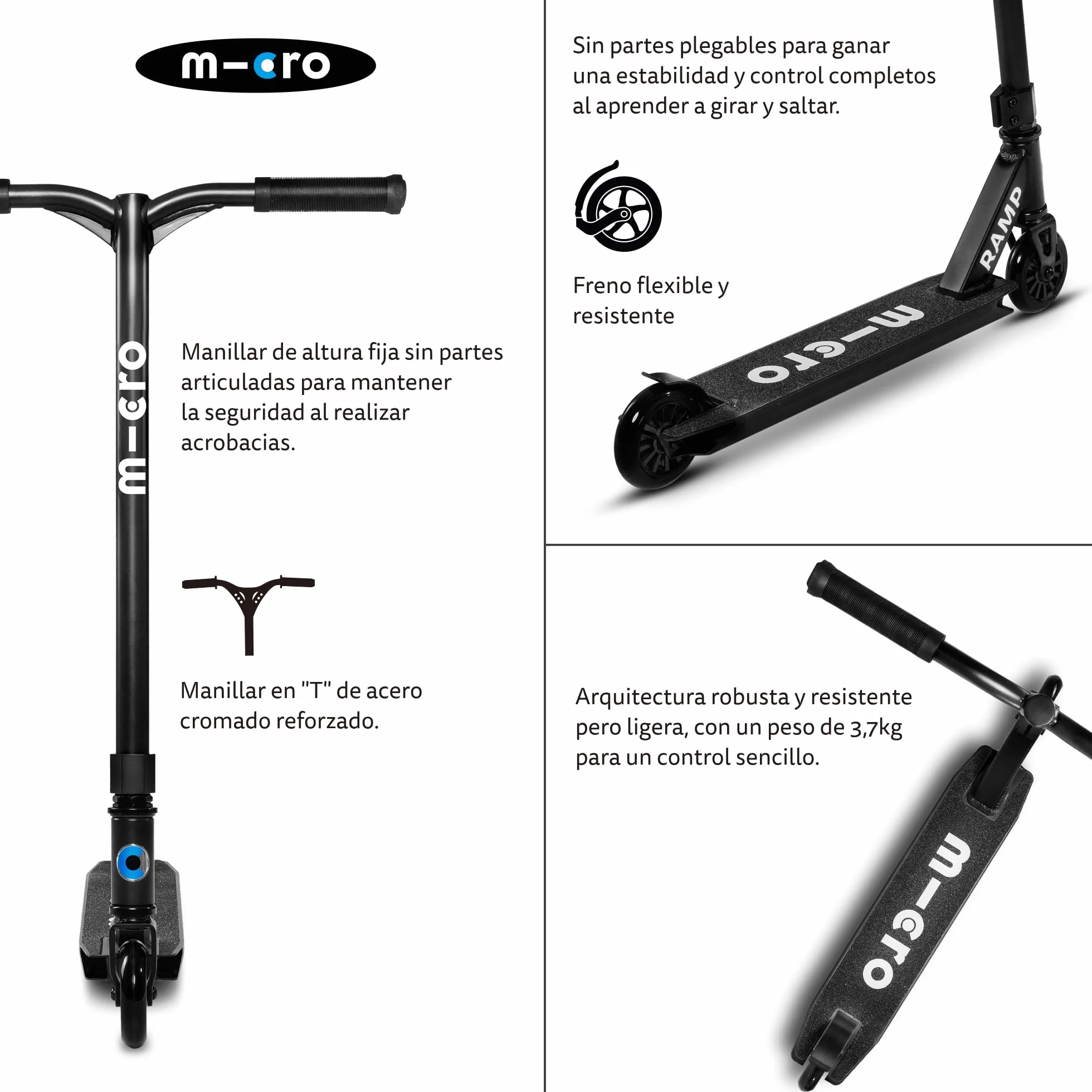 Micro® MX Ramp Scooter Freestyle | Patinete Stunt Pro para Skate Park | Barra T de Acero Reforzado | Deck Cóncavo de Aluminio 10,5x33 cm | Ruedas 100 mm Core Metálico | 3,7 kg