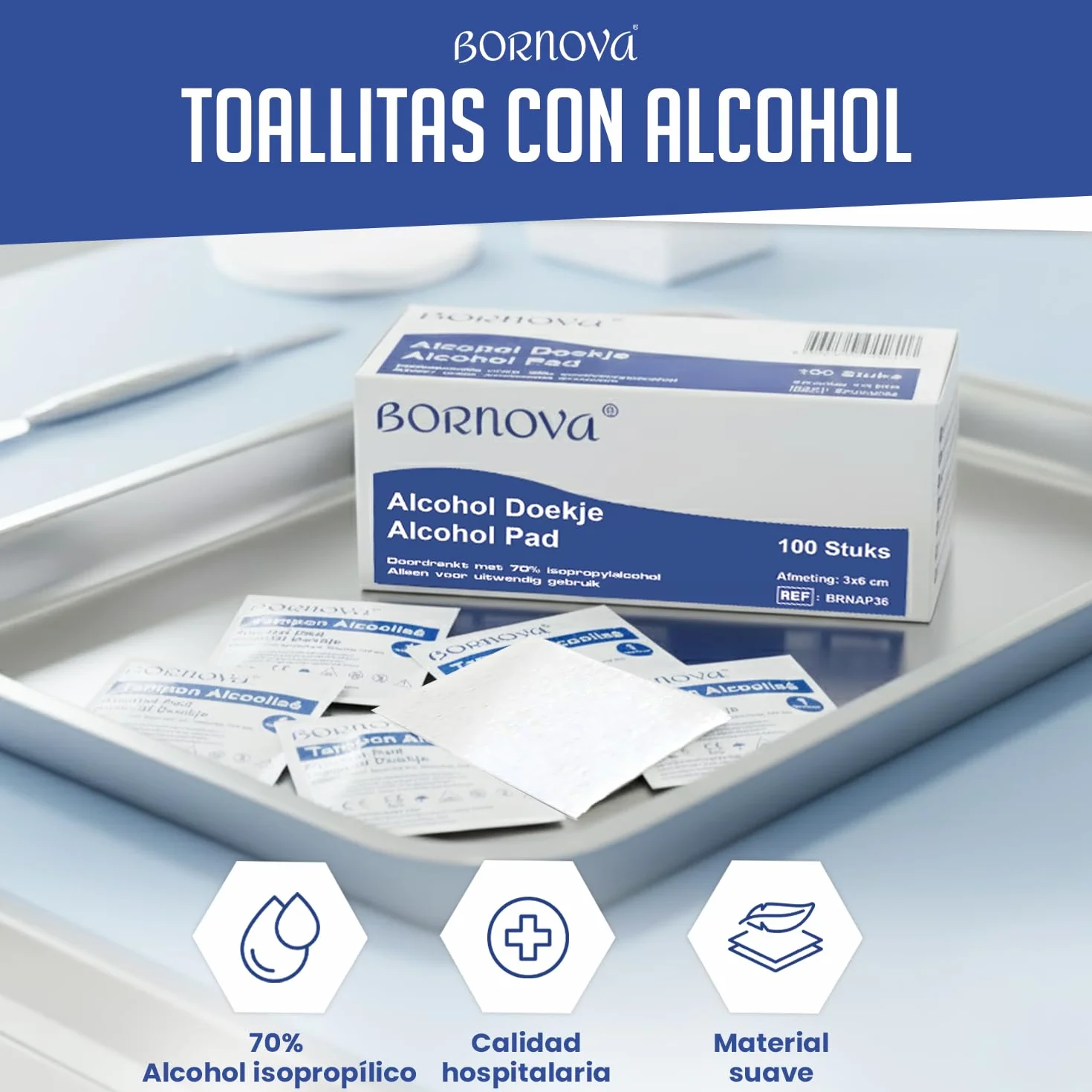 Toallitas impregnadas BORNOVA 3x6 cm limpieza piel objetos uso único