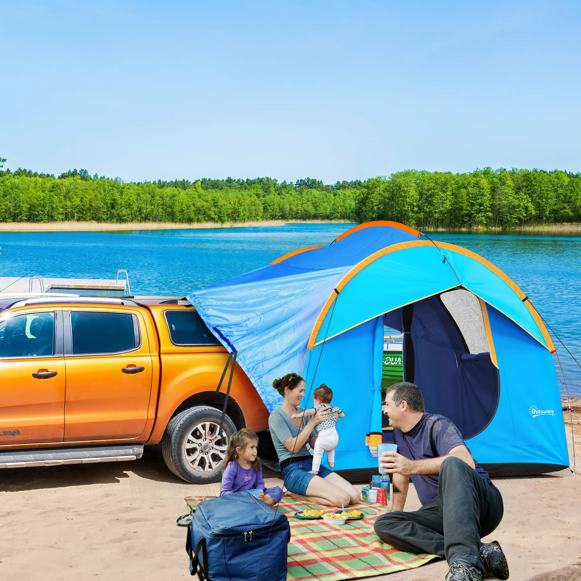 Outsunny 5-6 Personas Familia Hatchback Coche Tienda de campaña SUV con 3 Puertas y Ventana de Malla, para Trekking, Camping y Senderismo, Azul y Naranja