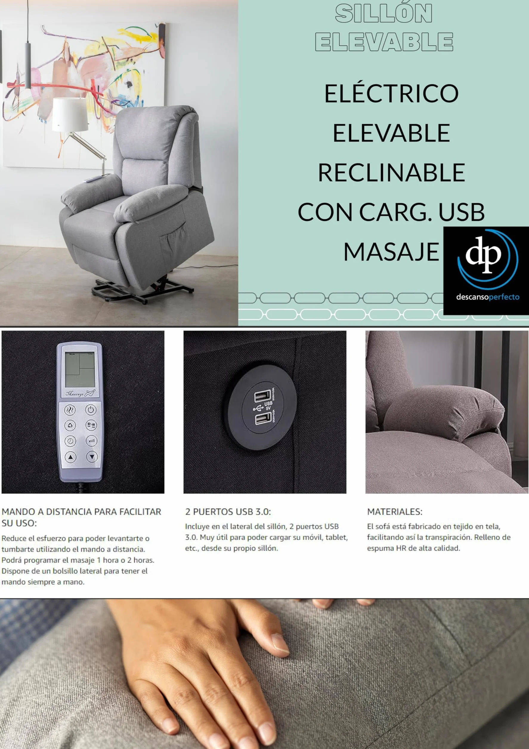 Sillón Relax Eléctrico Reclinable Miami 8 Modos de Masaje Calor Lumbar Elevapersonas Mando a Distancia 2 Puertos USB Polipiel Negro