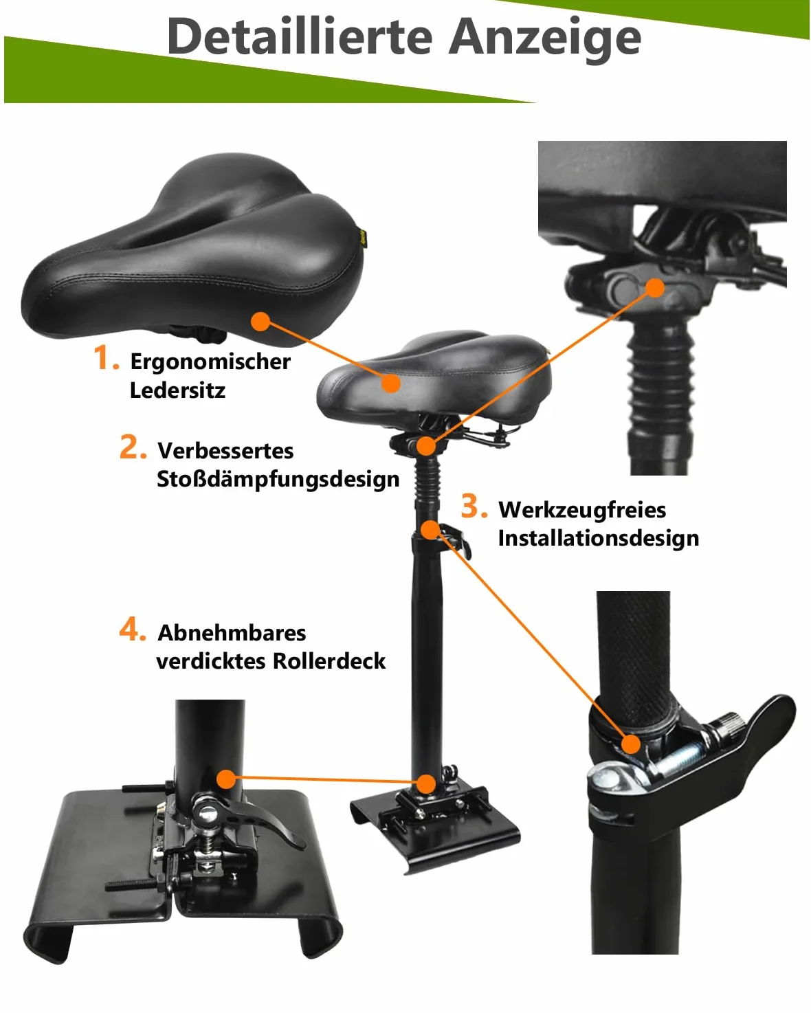 Asiento de scooter eléctrico solo compatible con estribo curvado de 13 – 18 cm de ancho, sillín acolchado, plegable, resistente a los golpes, altura ajustable de 55 – 68 cm, patinete para adultos e