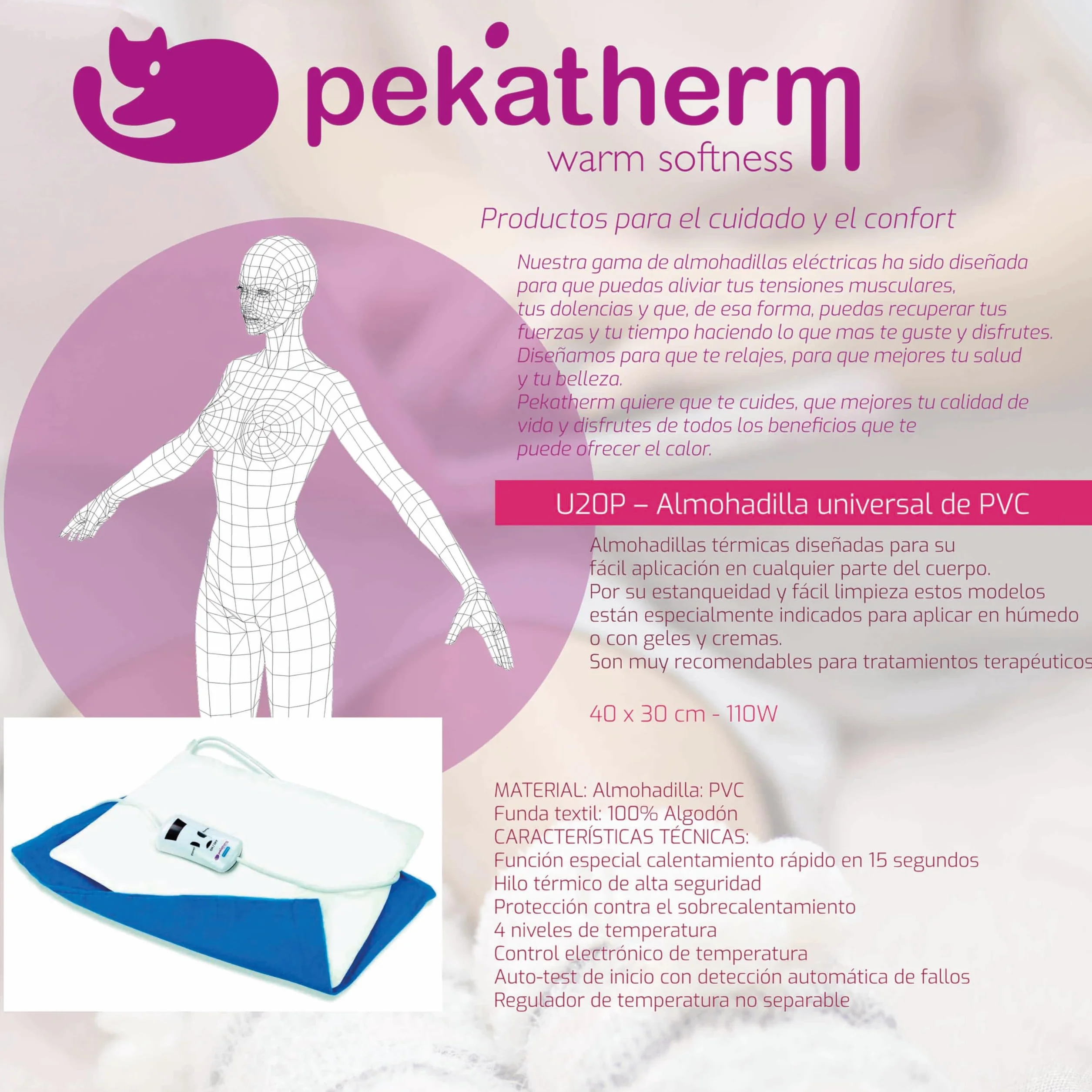 Pekatherm Almohadilla Eléctrica 40x30 cm 110 W 4 Niveles Temperatura PVC Funda Algodón