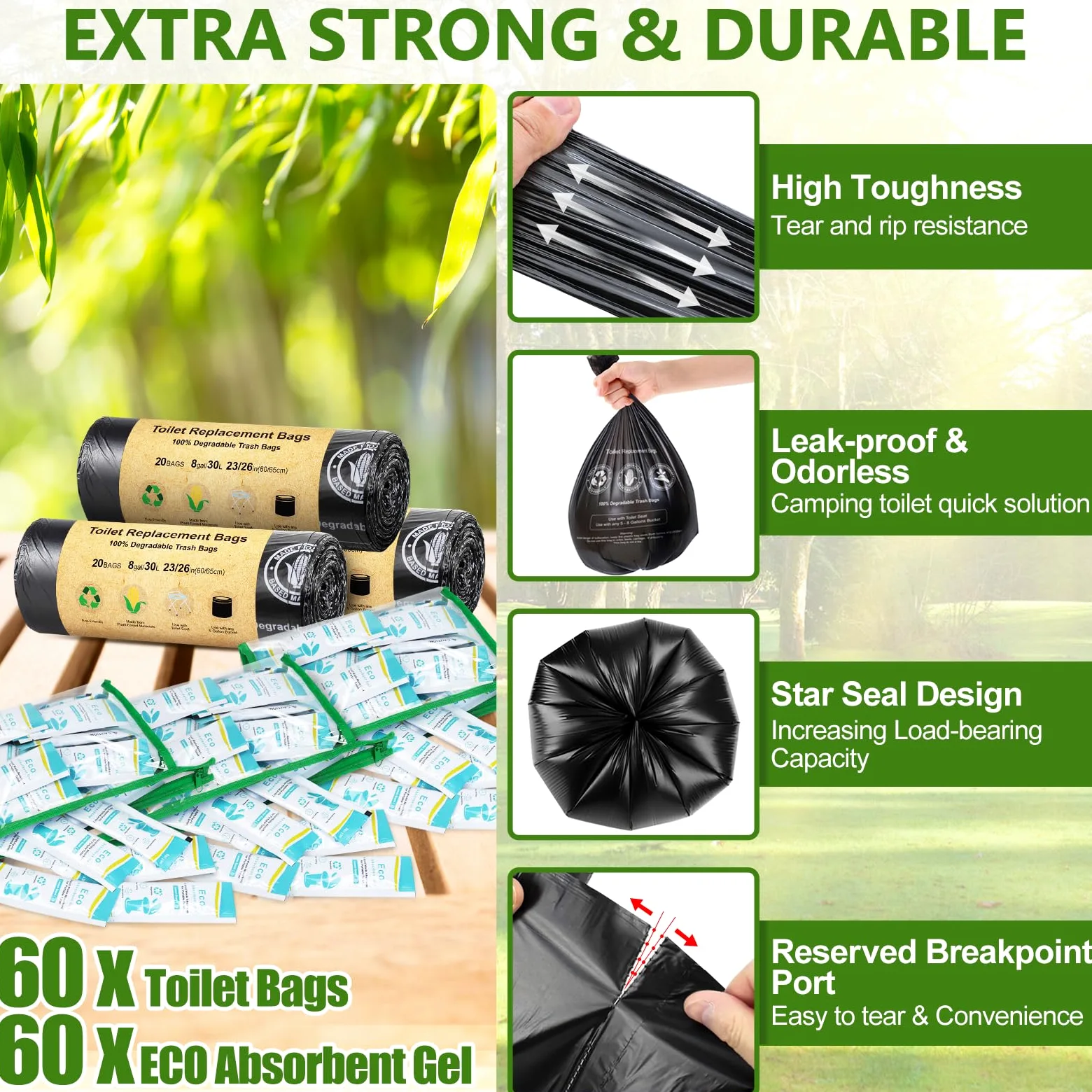 BLIKA Juego de bolsas de inodoro de gel ecológico para camping, bolsas de inodoro portátiles con gel, 8 galones, 30 litros, resistentes 1 mil, bolsas de repuesto para inodoro con polvo de inodoro para