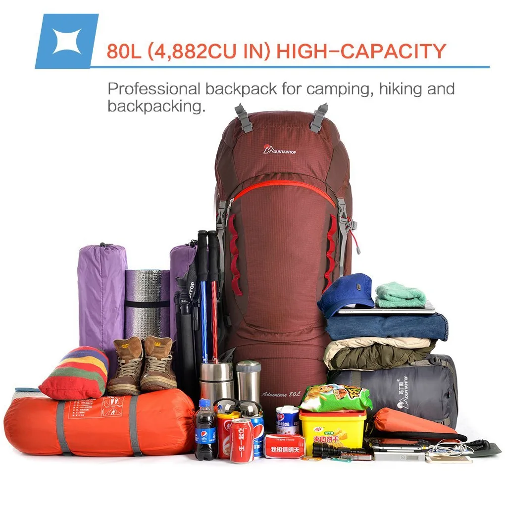 MOUNTAINTOP 80L Mochila Senderismo Trekking Montaña Hombre Mujer | Diseñada para trekking y expediciones, cremalleras YKK, funda de lluvia, soporte lumbar reforzado cinturón acolchado