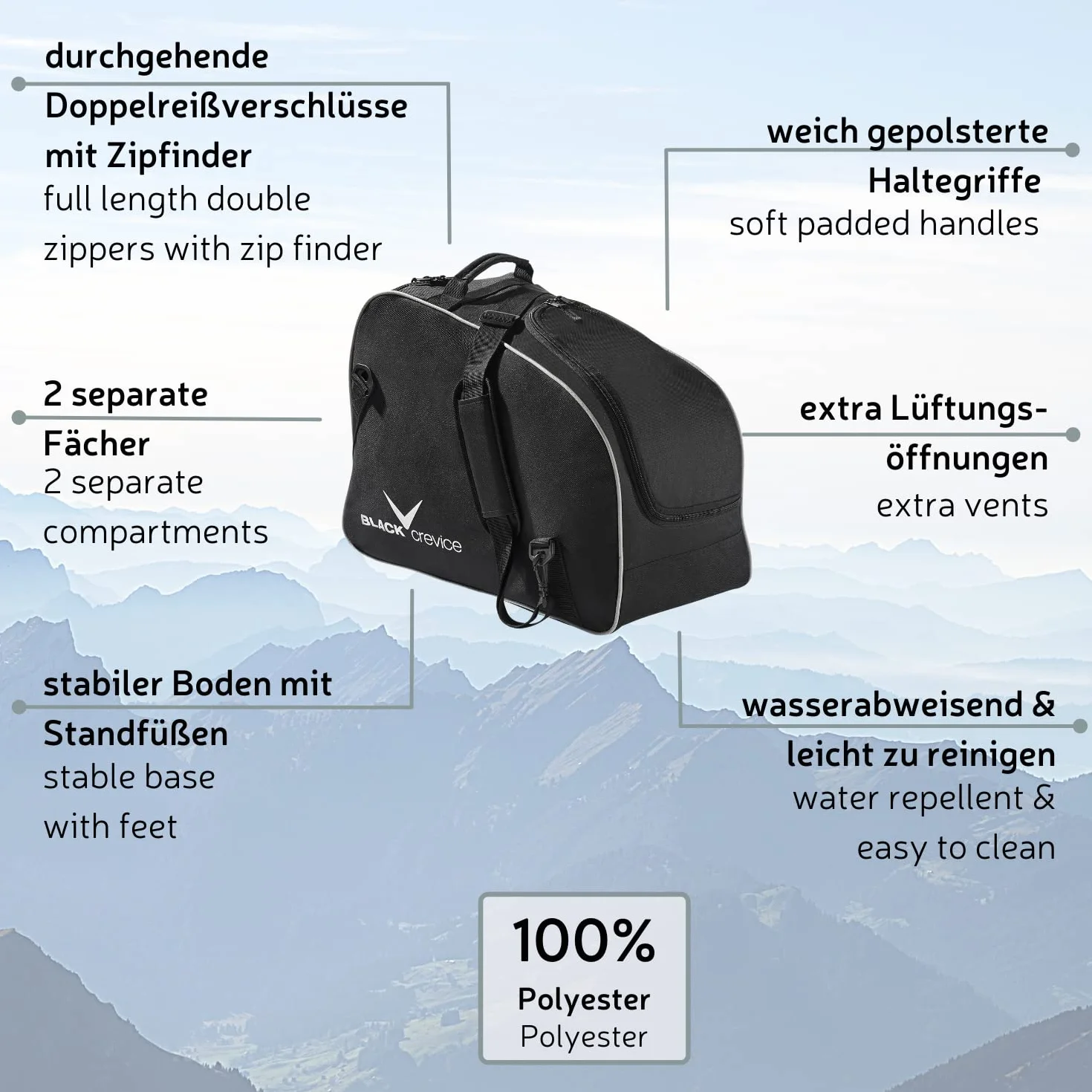 Black Crevice Bolsa para Botas y Casco de esquí I Bolsa para Botas de esquí/Snowboard y Casco Ajustable con Gran Compartimento Principal y secundario con Cremallera I tamaño: 53x26x39cm