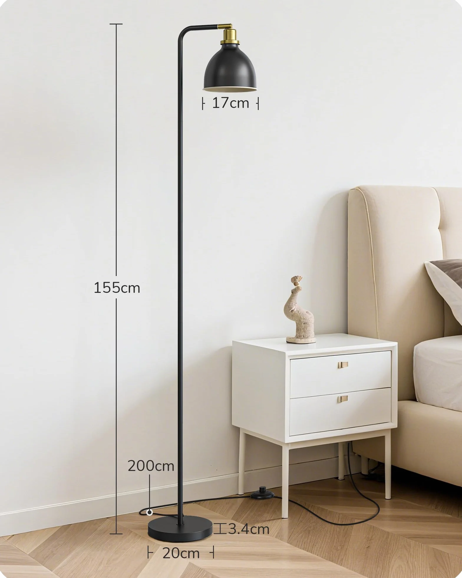 EDISHINE Lámpara de Pie Industrial, Retro con Pantalla Metálica, Cabeza Ajustable, E27, Negro
