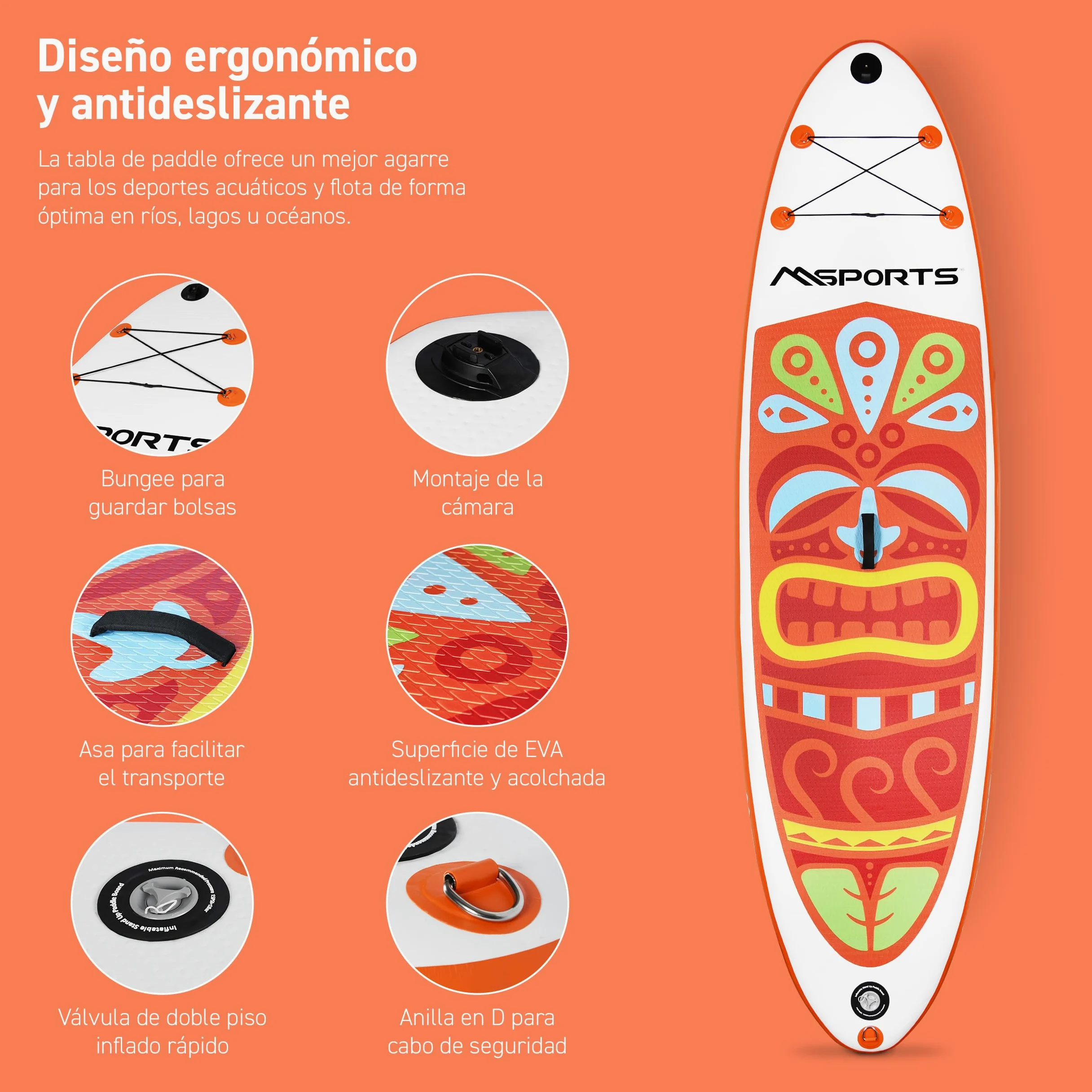 MSPORTS SUP - Tabla de surf de remo hinchable, accesorios completos, remo ajustable, bomba de alta calidad + 2 bastones de remo + bolsa impermeable para smartphone + bolsa multifunción