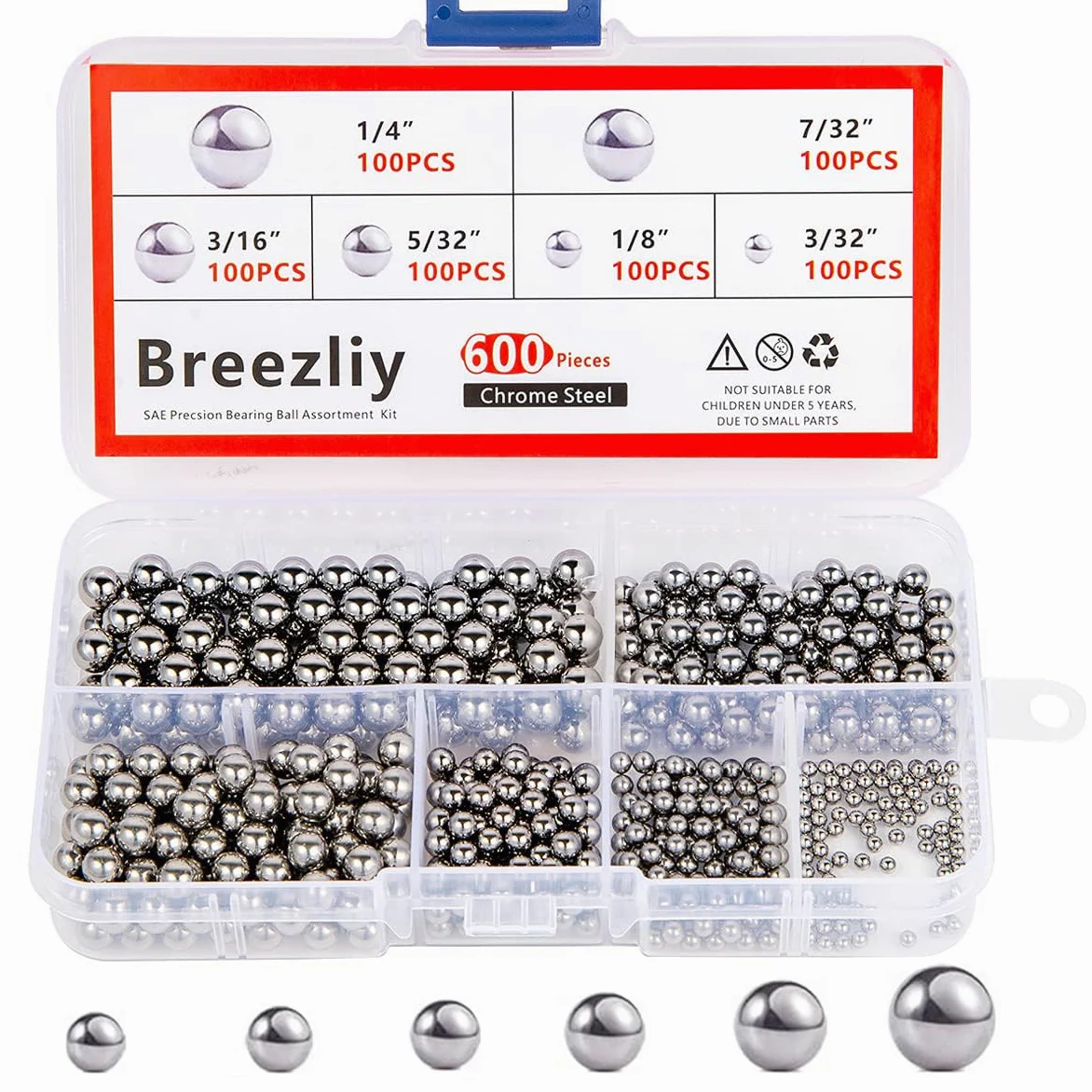 600 bolas sueltas de rodamiento de bicicleta de 6 tamaños, 1/10.2 cm, 7/81.3 cm, 3/40.6 cm, 5/81.3 cm, 1/20.3 cm y 3/81.3 cm