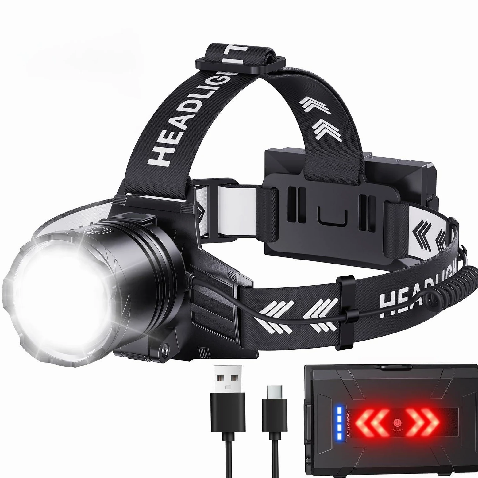 OMALIGHT Linterna frontal recargable superbrillante, lámpara LED de alto lúmenes, 5 modos de zoom, recargable por USB-C, luz frontal ajustable de 125°, linterna frontal impermeable IPX7 para