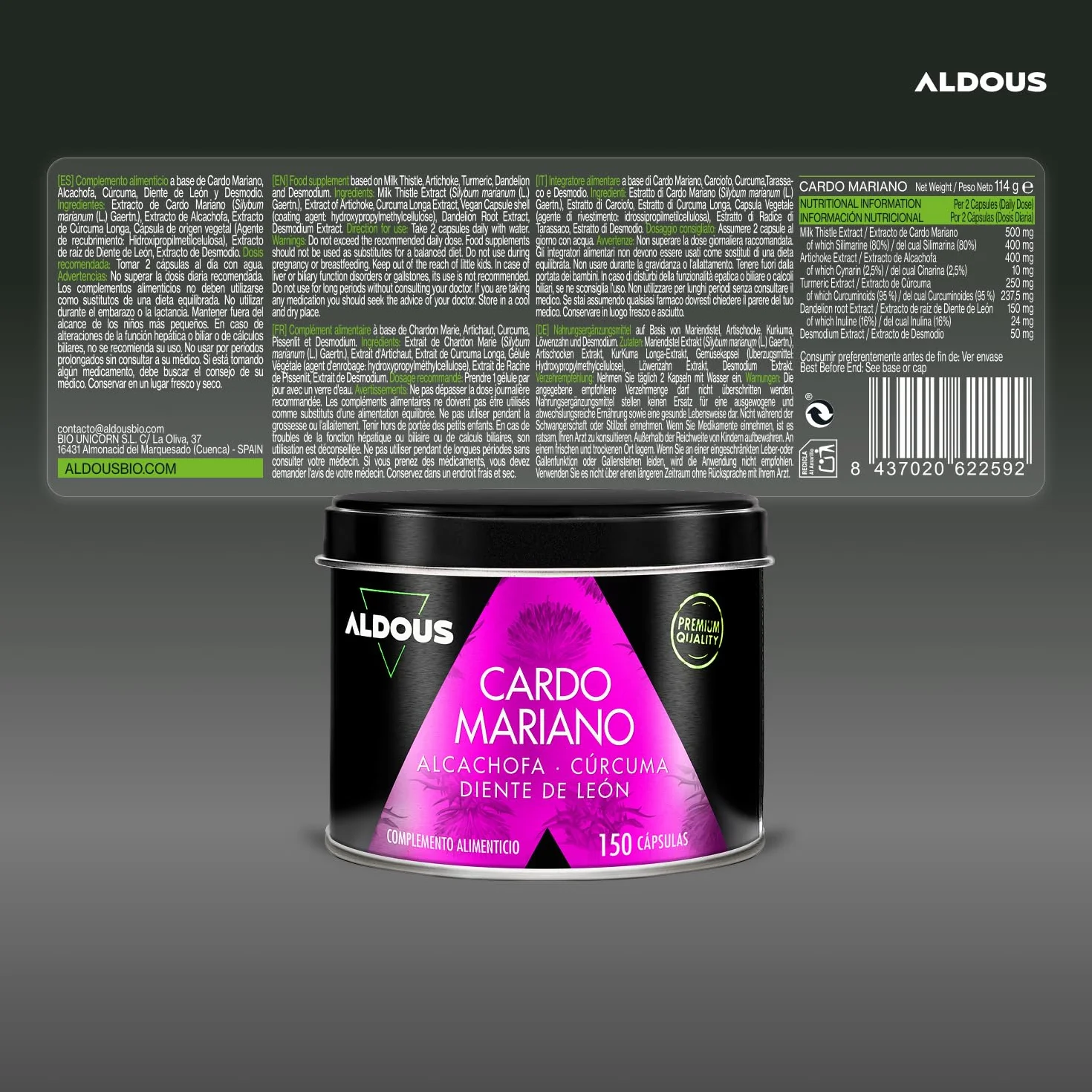 ALDOUS Cardo Mariano Cúrcuma Alcachofa Diente de León Desmodium 150 Cápsulas Detox 80% Silimarina