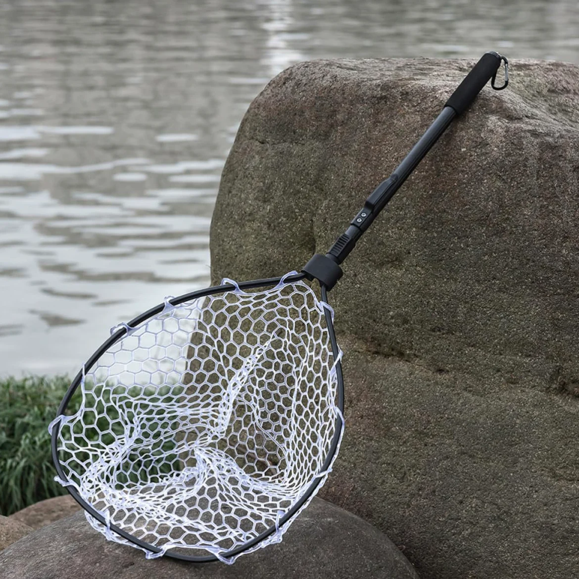 Red de Pesca de Aterrizaje Larga Negra de Aleación de Aluminio | Malla de Goma Eva, Plegado Rápido y Diseño Compacto, para Pesca Mosca en Orilla Barco