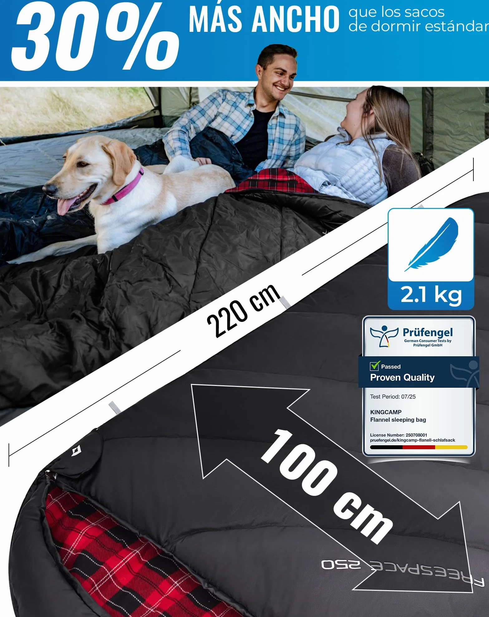 KingCamp Saco de Dormir XXL de Franela de Algodón para Adultos, Saco de Dormir Grande de Invierno para Camping 4 Estaciones, Viajes y Actividades al Aire Libre, 220x100cm