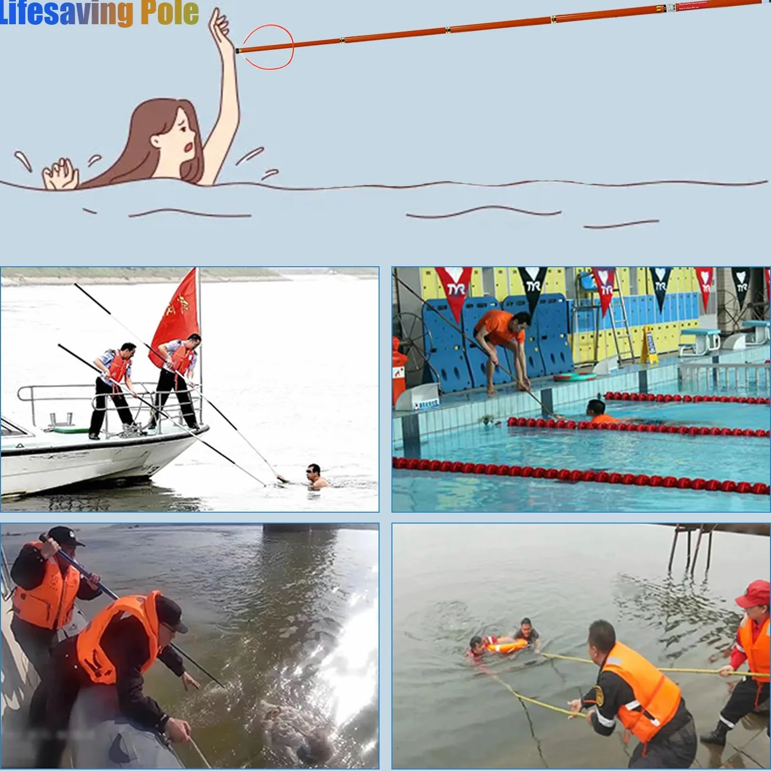 Barra de rescate telescópica para seguridad en la piscina, equipo de prevención de ahogamientos de fibra de vidrio con diseño reflectante luminoso para playa, lago, yate