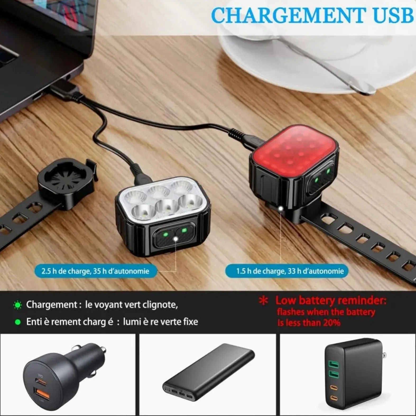 Juego De Luces Para Bicicleta Juego de luces traseras y delanteras for bicicleta, faro trasero for ciclismo con carga USB, 6/24 cuentas, lámpara impermeable de aleación de aluminio for bicicleta Luces