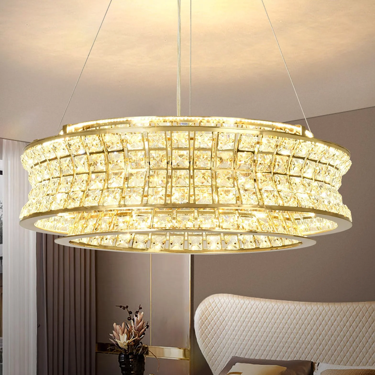 Lámpara de araña moderna de cristal dorado LED 50 cm ajustable para vestíbulos