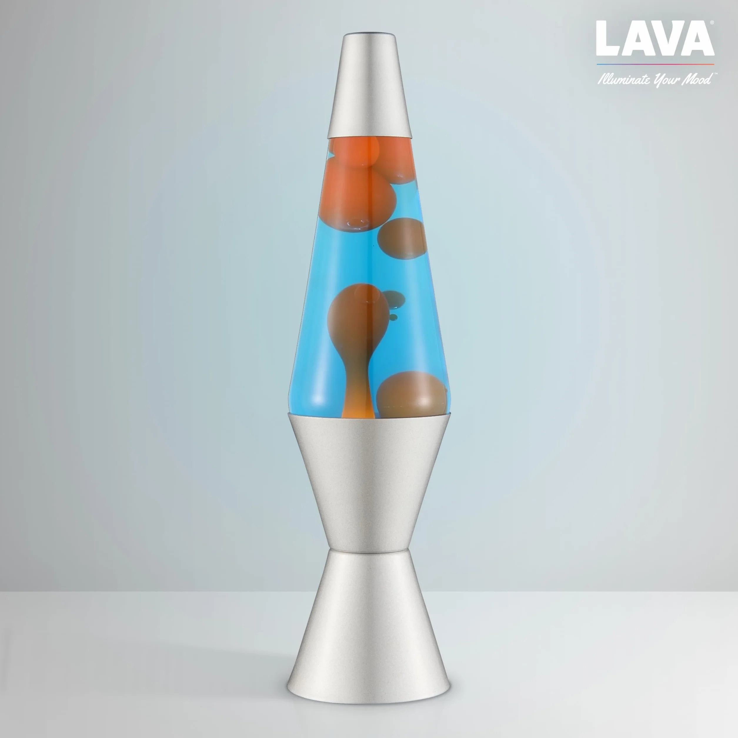 LAVA® Lámpara Lava 2117, original 14,5 pulgadas, cera naranja, líquido azul, plateado