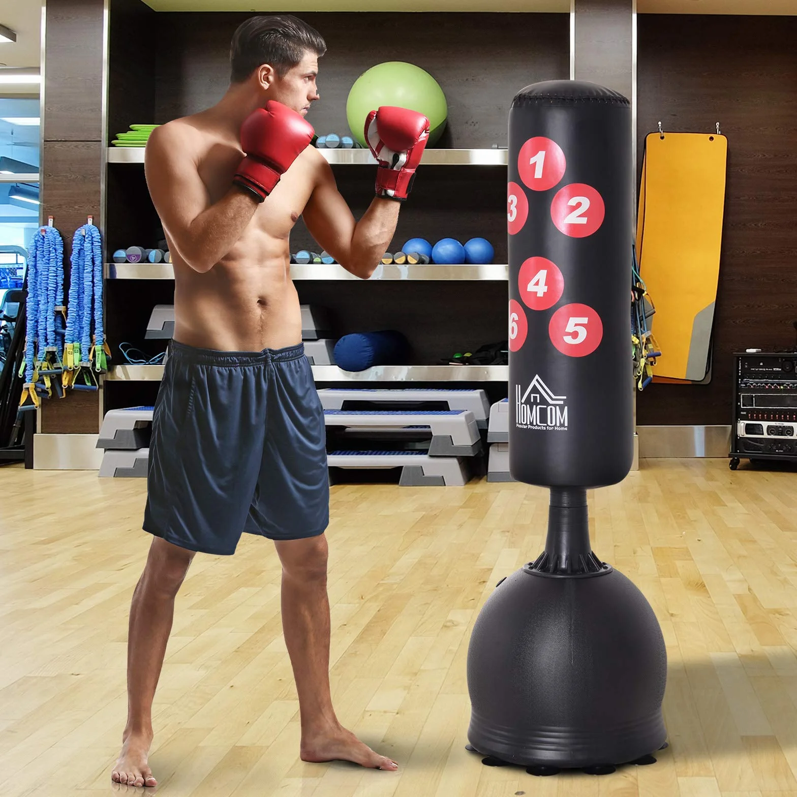 HOMCOM Saco de Boxeo de Pie 165 cm Base Rellenable Agua 22,5 kg Arena 27,5 kg Ventosas Goma Negro